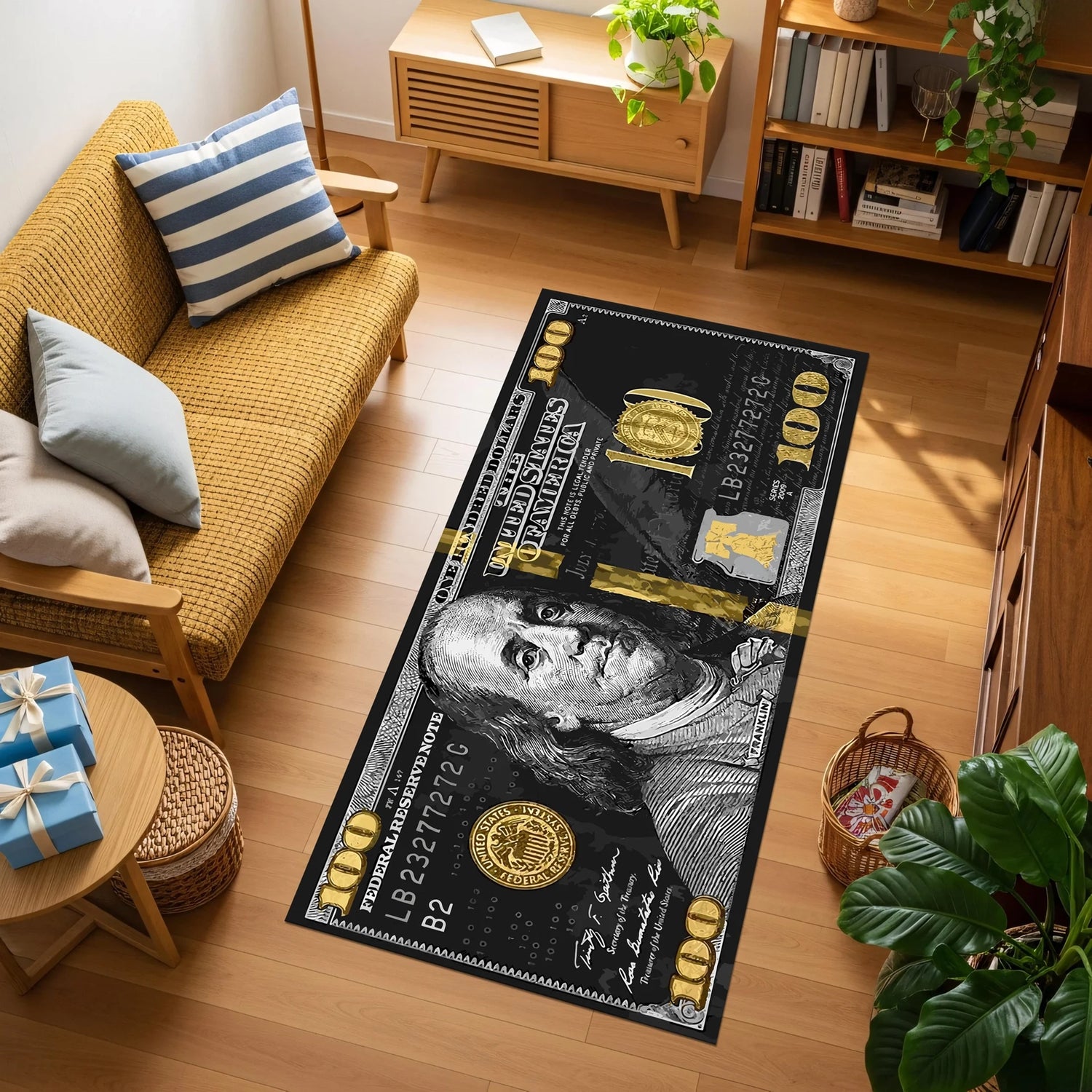 Benjamin Franklin figürü, büyük ölçekli 100 dolar banknotu kompozisyonu ve altın vurgulu detaylarıyla tasarlanan bu dijital baskı halı, para temalı sanat, lüks sembolizm, pop kültür ve modern grafik tasarım stilini bir araya getirir.
