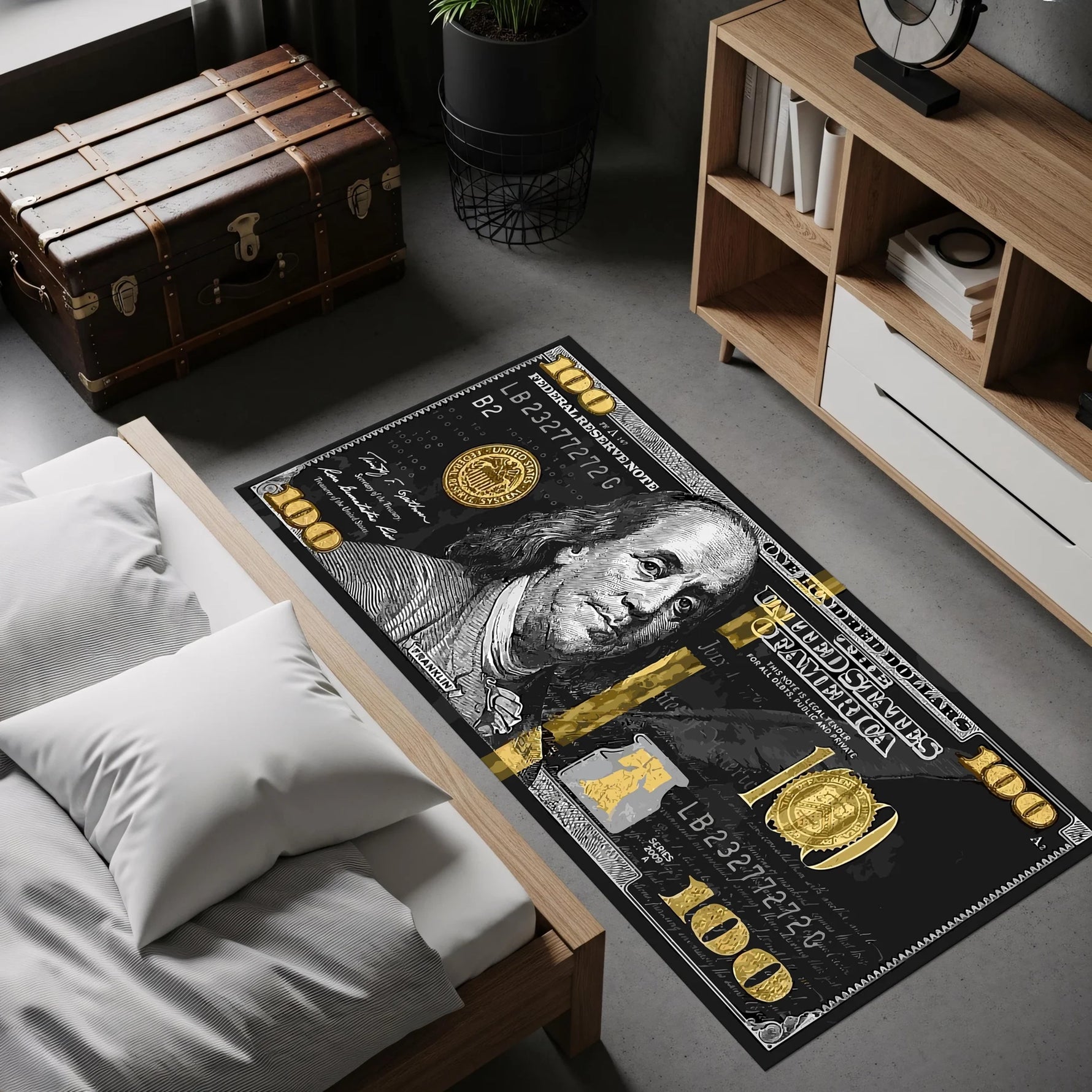 Amerikan doları ikonografisi, detaylı banknot dokusu, siyah ve altın renk paletiyle oluşturulmuş bu halı, finans teması, zenginlik sembolleri, pop art akımı ve çağdaş illüstrasyon estetiğini yansıtan çarpıcı bir zemin tasarımı sunar.
