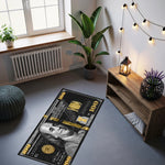 100 dolar banknotunun tamamını kapsayan geniş kompozisyon, Benjamin Franklin portresi ve altın güvenlik şeridiyle hazırlanan bu halı, para sanatı, modern pop art, lüks konsept ve grafik desen temalı dekorasyon için güçlü bir görsel etki oluşturur.
