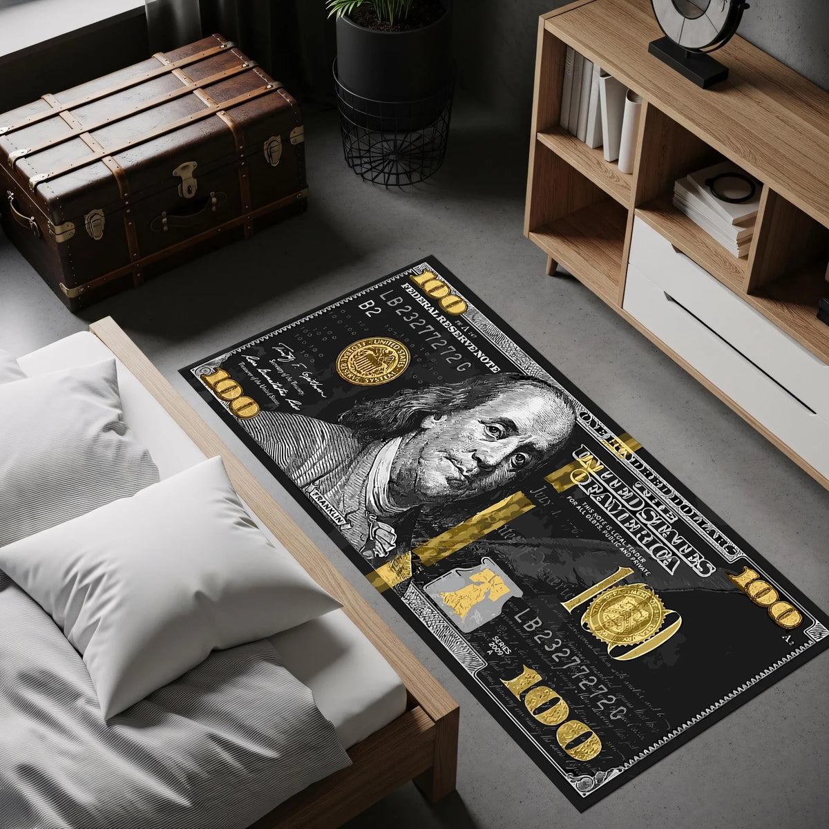 Dolar banknotu estetiğini yansıtan, siyah arka plan üzerinde beyaz gravür portre, altın renkli tipografi ve sembollerle oluşturulmuş dekoratif halı; finans ve pop art teması, simetrik yerleşim ve yüksek detaylı yüzey.