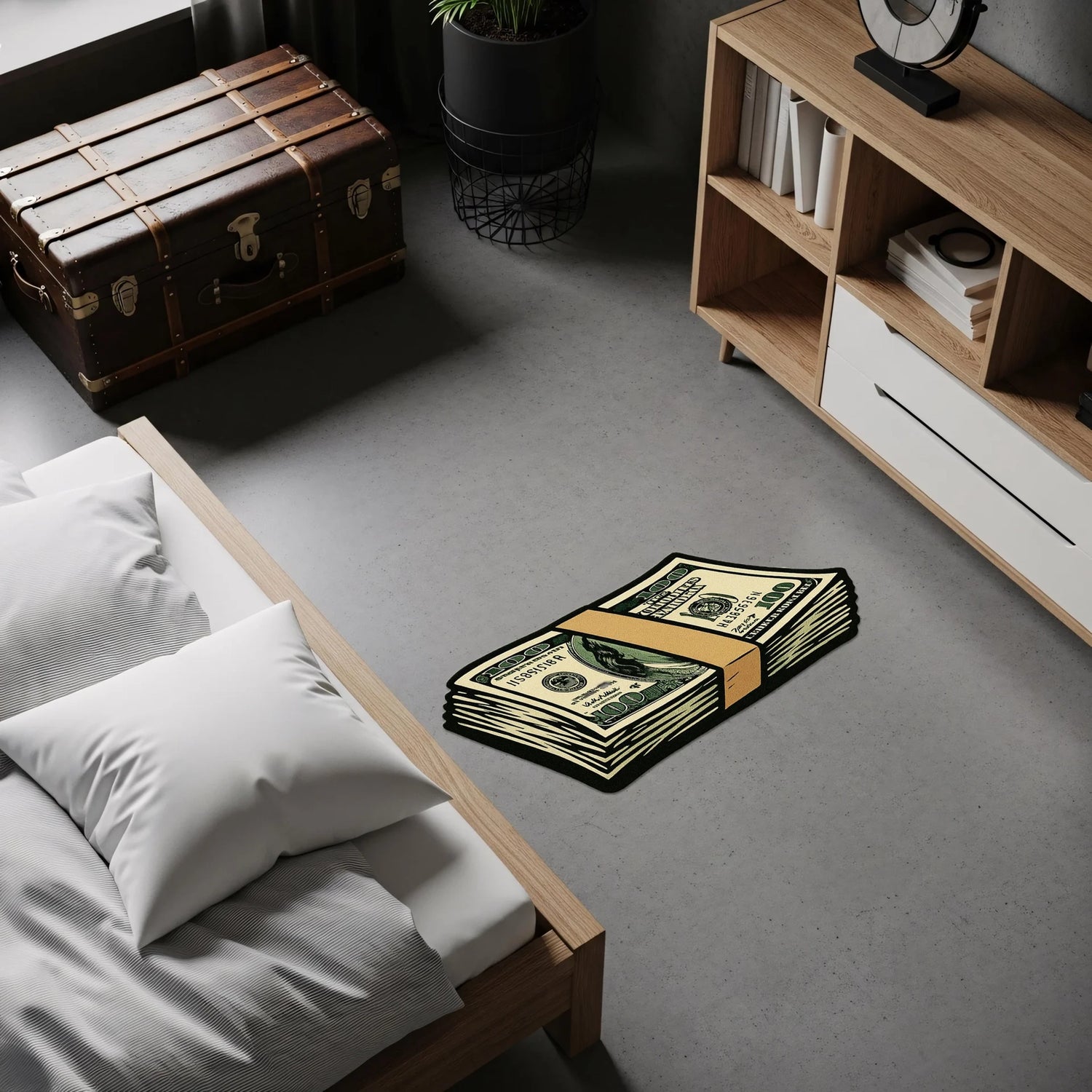Deste halinde bantlanmış dolar banknotu illüstrasyonu, para teması, finans sembolü, pop art grafik stil, zenginlik ve güç ikonografisiyle tasarlanmış bu halı, modern urban dekorasyon ve konsept mekanlar için dikkat çekici bir tasarım sunar.
