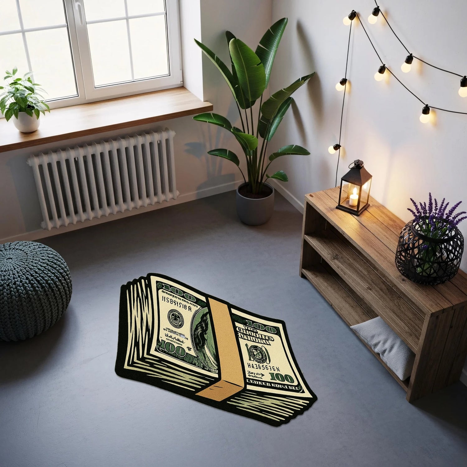 Deste halinde bantlanmış dolar banknotu illüstrasyonu, para teması, finans sembolü, pop art grafik stil, zenginlik ve güç ikonografisiyle tasarlanmış bu halı, modern urban dekorasyon ve konsept mekanlar için dikkat çekici bir tasarım sunar.
