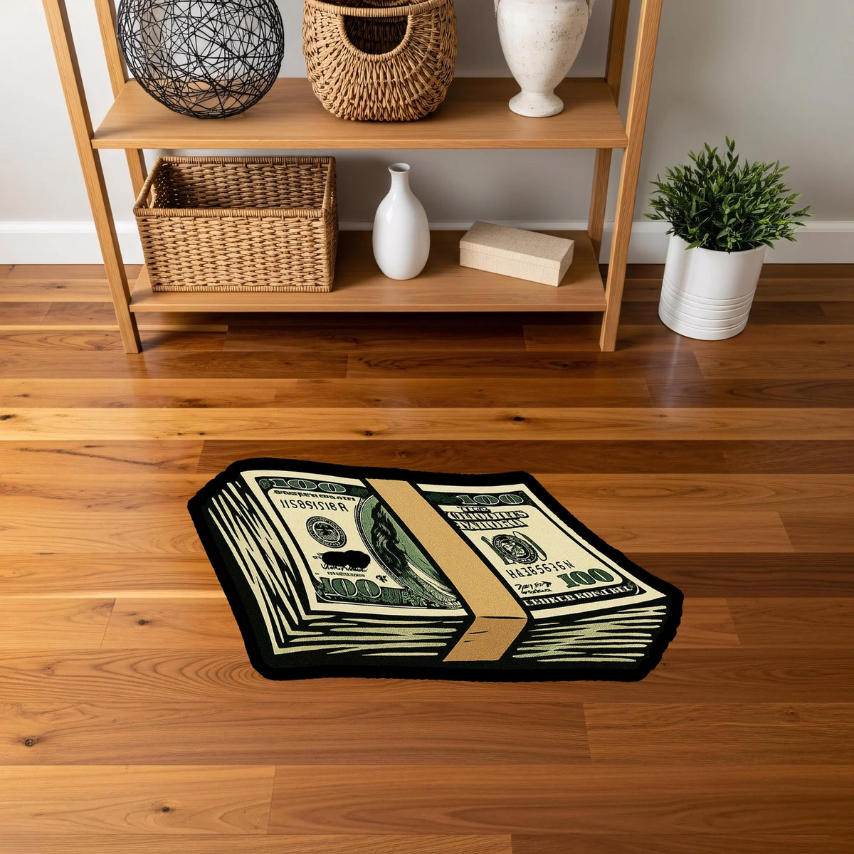 Dolar destesi görseli, kalın kontur çizgileri, retro pop art stili ve grafik tasarım yaklaşımıyla hazırlanan bu halı, zenginlik sembolü, para ikonografisi ve modern konsept dekorasyon için güçlü bir görsel odak oluşturur.
