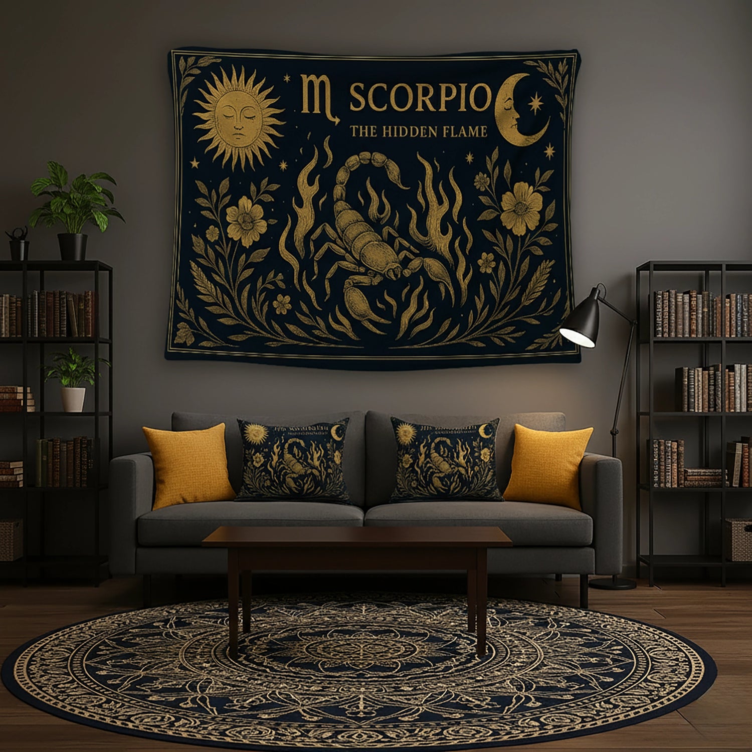 Lacivert zemin üzerinde altın tonlu akrep figürü, yıldızlar, güneş ve hilal ay sembolleriyle tasarlanan duvar örtüsü, Scorpio burcu temasını vintage gravür stilinde yansıtır; astroloji, mistik ve bohem dekorasyon anlayışına uygun zarif ve sanatsal bir tekstil tasarımı sunar.