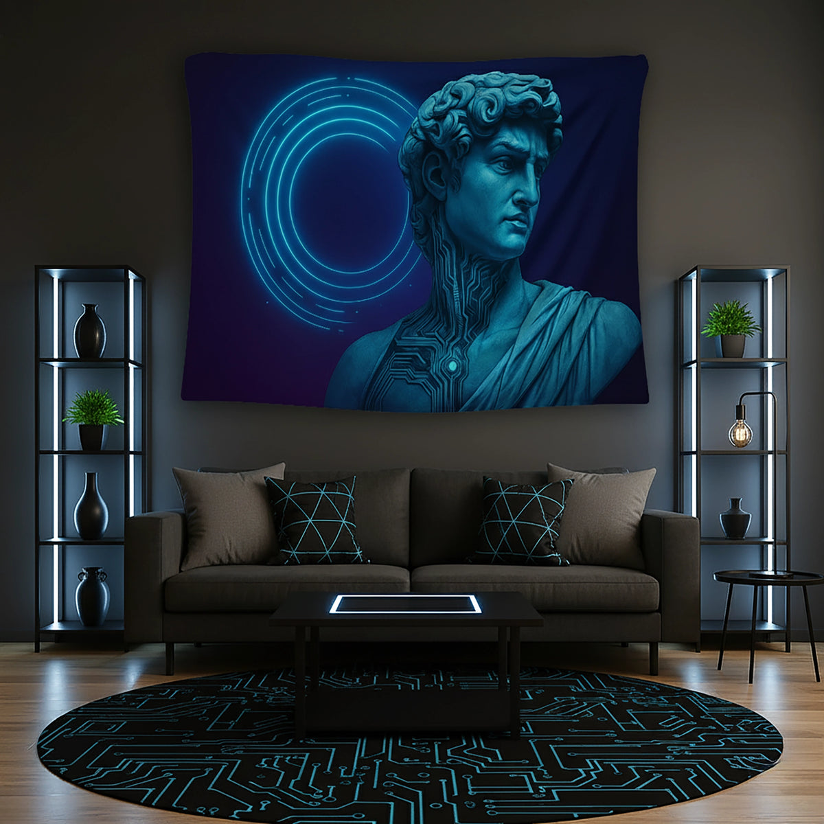 Mavi tonlarda heykel formunda erkek büstü ve arka planda neon halka çizgileriyle tasarlanan duvar örtüsü, klasik heykel estetiğini dijital devre desenleriyle birleştirerek modern, futuristik ve teknolojik bir kompozisyon sunar; çağdaş ve sanatsal dekorasyonlar için dikkat çekici tekstil tasarımıdır.