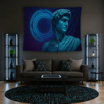 Mavi tonlarda heykel formunda erkek büstü ve arka planda neon halka çizgileriyle tasarlanan duvar örtüsü, klasik heykel estetiğini dijital devre desenleriyle birleştirerek modern, futuristik ve teknolojik bir kompozisyon sunar; çağdaş ve sanatsal dekorasyonlar için dikkat çekici tekstil tasarımıdır.