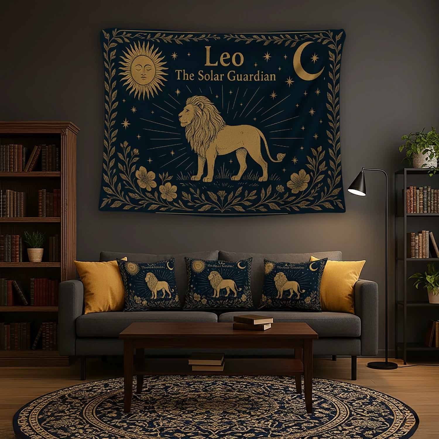 Lacivert zemin üzerinde altın tonlu aslan figürü, yıldızlar, güneş ve hilal ay sembolleriyle tasarlanan duvar örtüsü, Leo burcu temasını vintage gravür stilinde yansıtır; astroloji, mitolojik ve bohem dekorasyon anlayışına uygun zarif ve sanatsal bir tekstil tasarımı sunar.