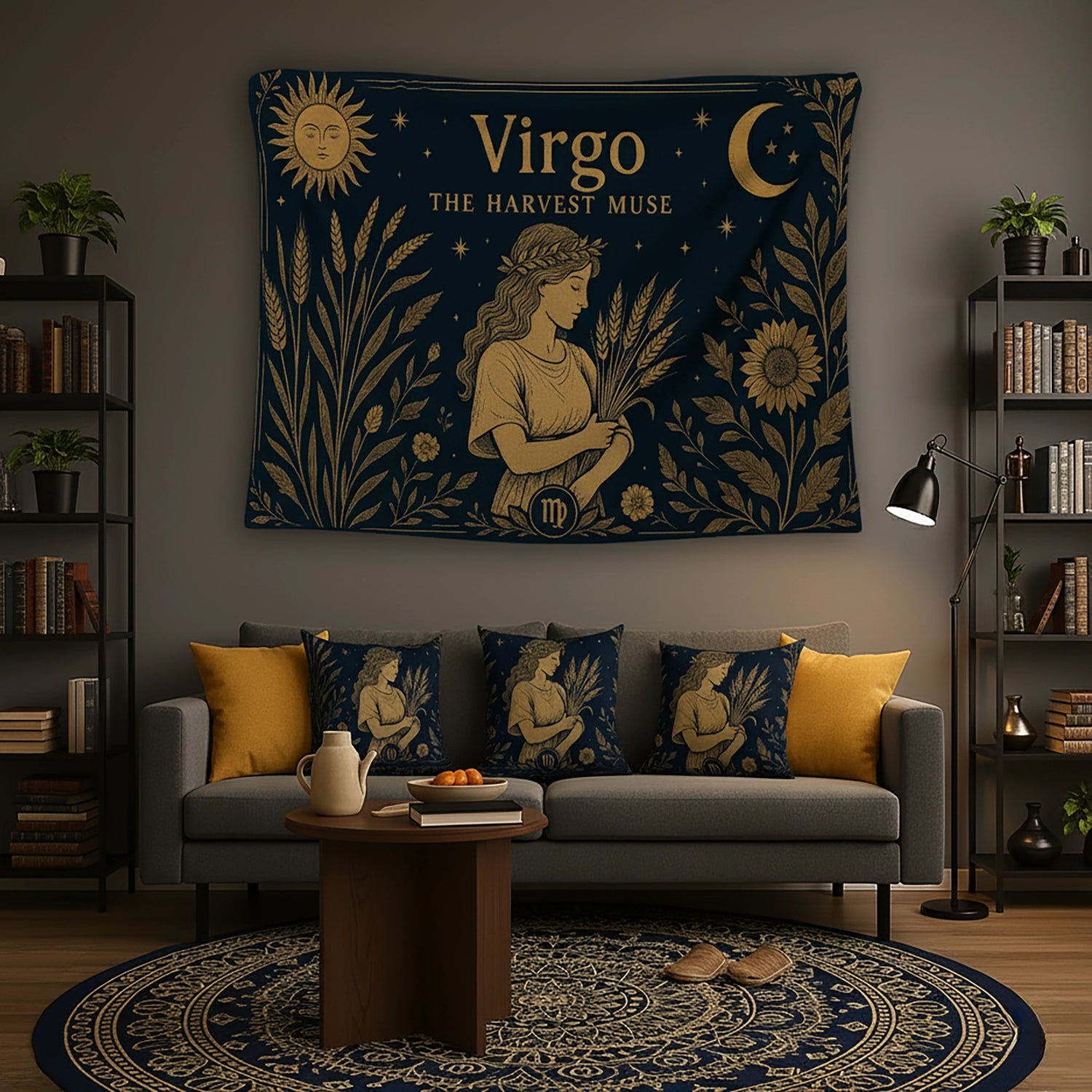 Lacivert zemin üzerinde altın tonlu başak tutan kadın figürü, yıldızlar, hilal ay ve güneş sembolleriyle tasarlanan duvar örtüsü, Virgo burcu temasını vintage gravür stilinde yansıtır; astroloji, doğa ve bohem dekorasyon anlayışına uygun zarif bir tekstil tasarımı sunar.