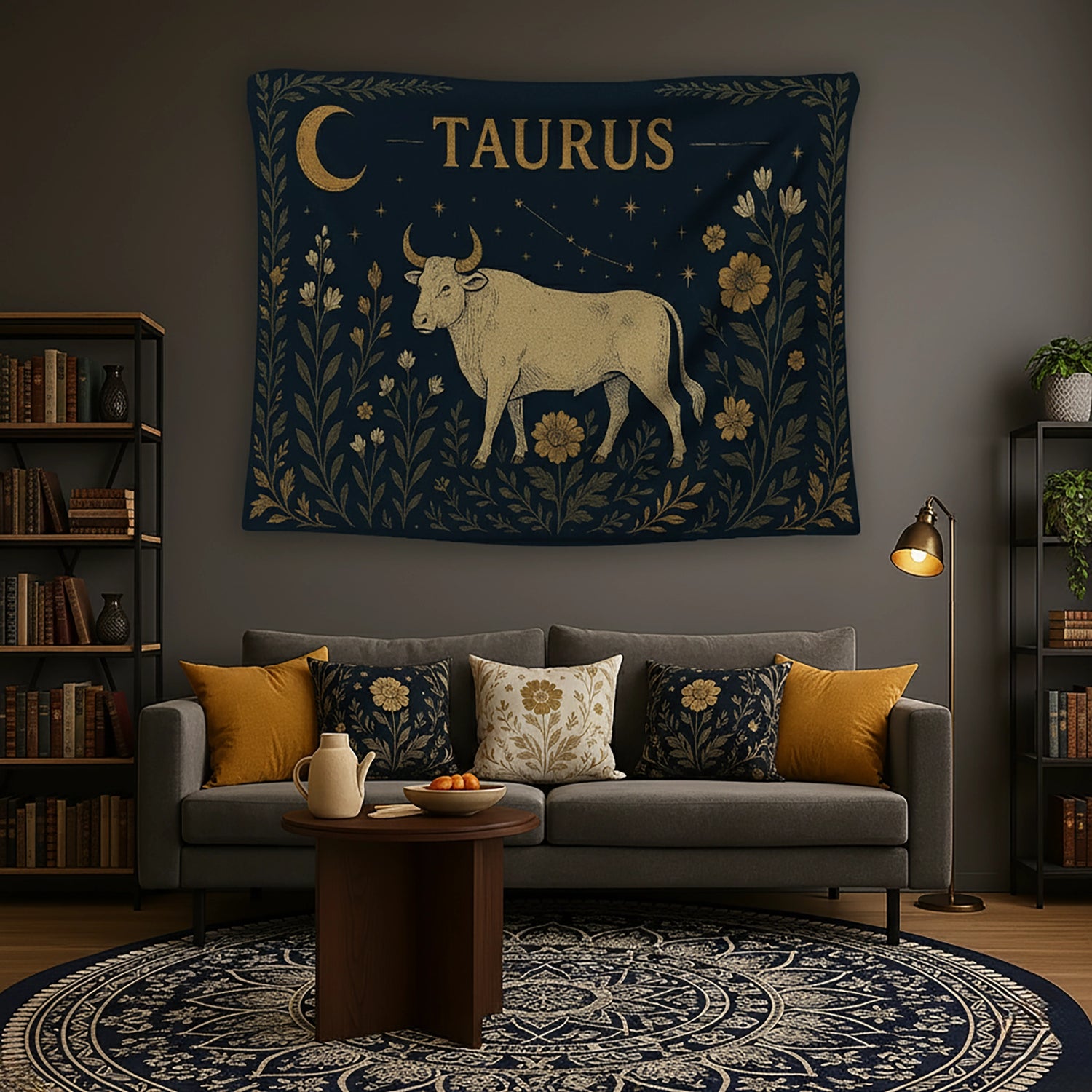Lacivert zemin üzerinde boğa figürü, yapraklı bitkisel çerçeve ve yıldız detaylarıyla tasarlanan duvar örtüsü, Taurus burcu temasını vintage gravür stilinde yansıtır; astroloji, doğa ve bohem dekorasyon anlayışına uygun zarif ve sanatsal bir tekstil tasarımı sunar.