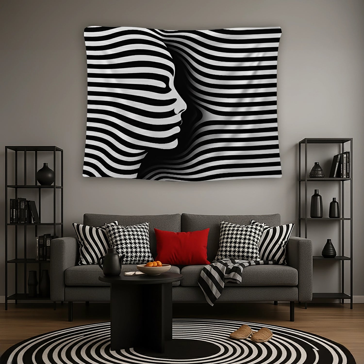 Siyah beyaz dalgalı çizgilerle oluşturulmuş op art desen içinde birbirine yaklaşan iki yüz profili silüetiyle tasarlanan duvar örtüsü, yüksek kontrastlı ve akışkan formuyla optik illüzyon etkisi yaratır; modern, soyut ve grafik sanat temalı dekorasyonlar için estetik bir tekstil tasarımı sunar.