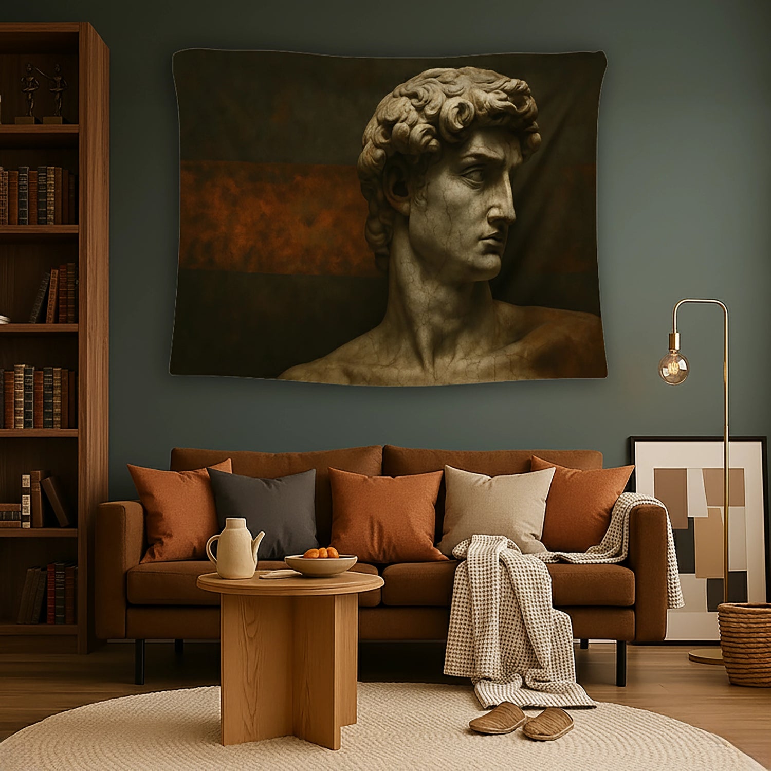 Koyu zemin üzerinde klasik mermer erkek büstü portresi ve arka planda yatay pas rengi doku şeridiyle tasarlanan duvar örtüsü, antik heykel estetiğini minimal ve modern kompozisyonla birleştirir; sanatsal, vintage ve sofistike dekorasyonlar için şık bir tekstil tasarımı sunar.