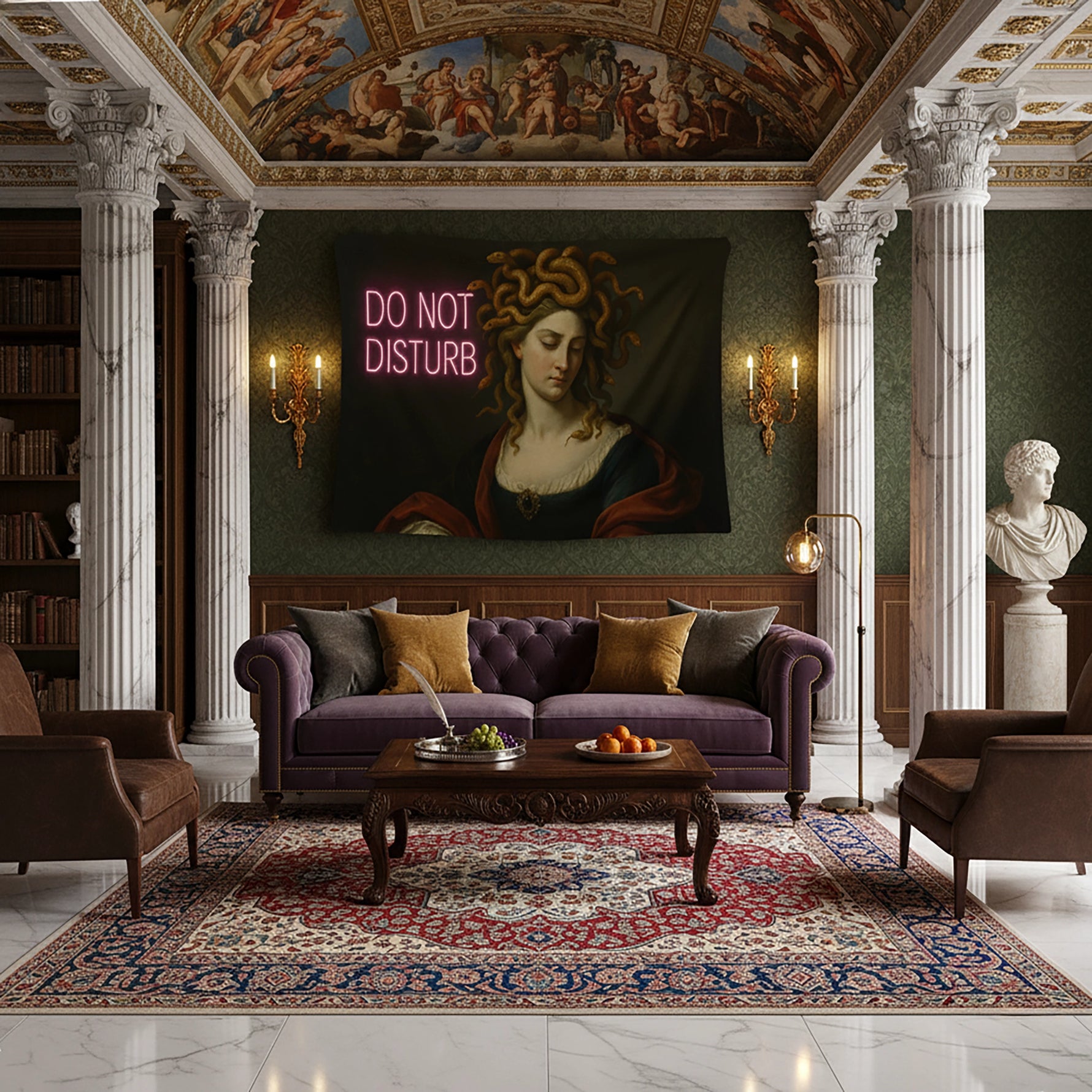 Barok dönem sanatını andıran Medusa figürlü kadın portresi ve koyu fon üzerinde pembe neon “Do Not Disturb” yazısıyla tasarlanan duvar örtüsü, mitolojik tema ile modern tipografiyi birleştiren güçlü kontrastlı, sanatsal ve retro estetikte dekoratif tekstil ürünüdür.