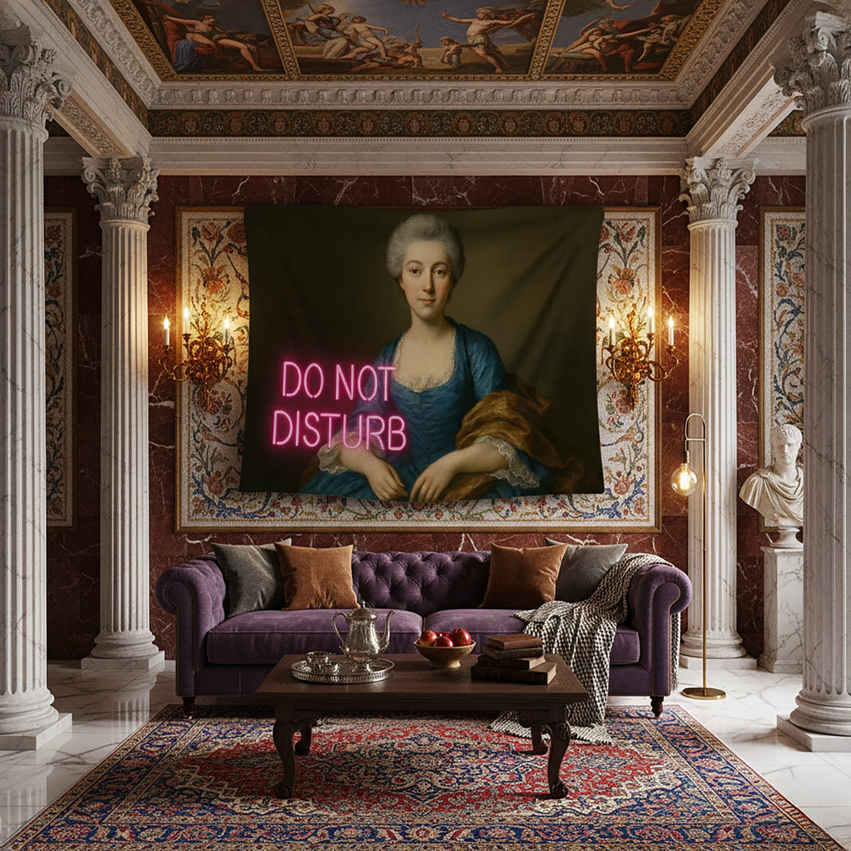 Klasik yağlı boya portre stilinde tasarlanmış duvar örtüsü, mavi elbiseli aristokrat kadın figürü ve koyu fon üzerinde pembe neon “Do Not Disturb” yazısıyla vintage ile modern pop art estetiğini birleştirir; sanatsal, retro ve çarpıcı grafik tasarım sevenler için dekoratif tekstil ürünü.