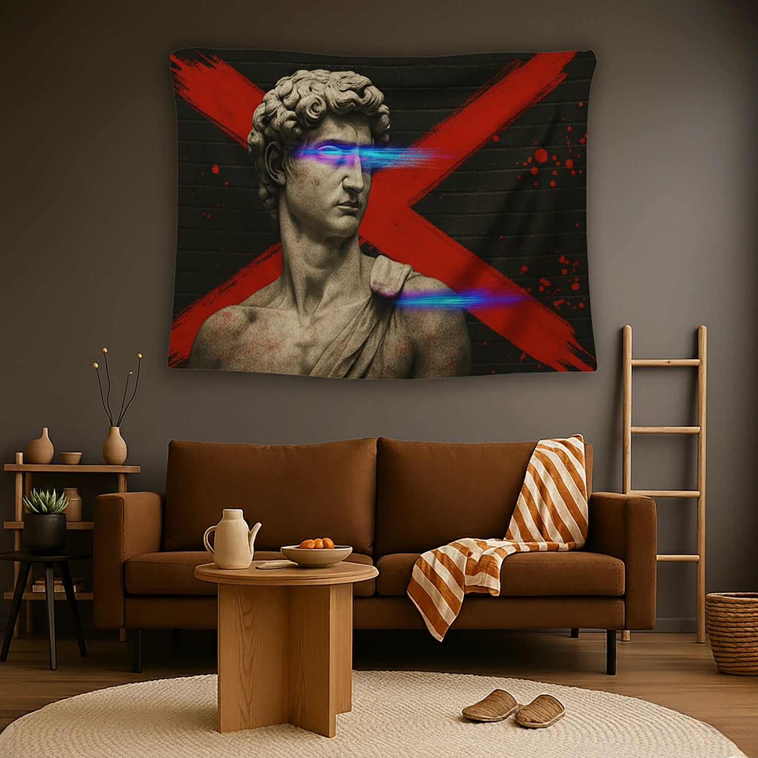 Klasik mermer heykel büstü ve arka planda büyük kırmızı X grafiti işaretiyle tasarlanan duvar örtüsü, göz hizasında mavi neon ışık efektleri ve boya sıçramalarıyla antik sanat ile sokak sanatı estetiğini birleştiren modern ve çarpıcı bir tekstil tasarımı sunar.