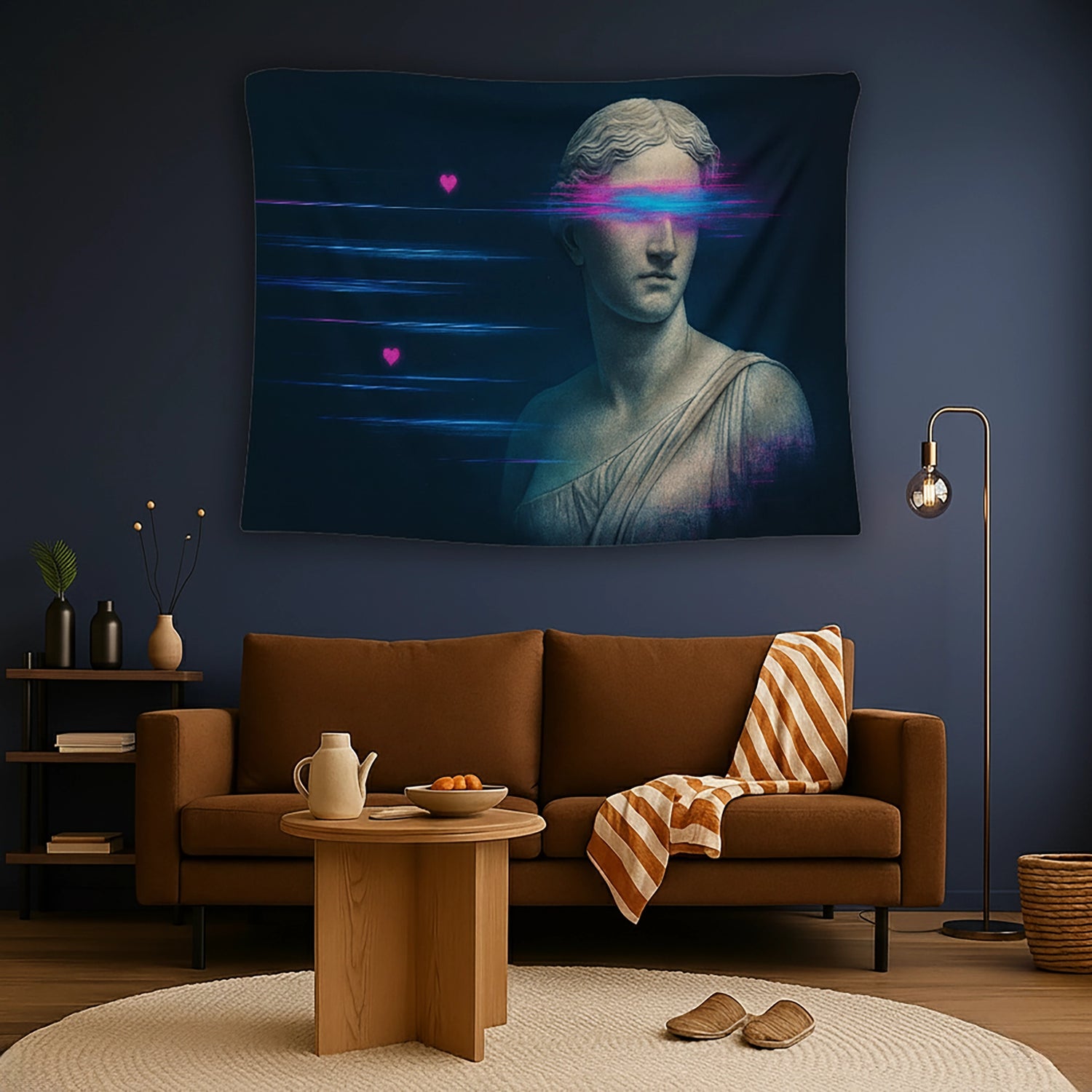 Koyu lacivert zemin üzerinde klasik mermer kadın büstü ve göz hizasında pembe mavi neon glitch efektleriyle tasarlanan duvar örtüsü, antik heykel estetiğini dijital ışık izleri ve kalp ikonlarıyla birleştirerek modern, futuristik ve sanatsal bir kompozisyon sunar.
