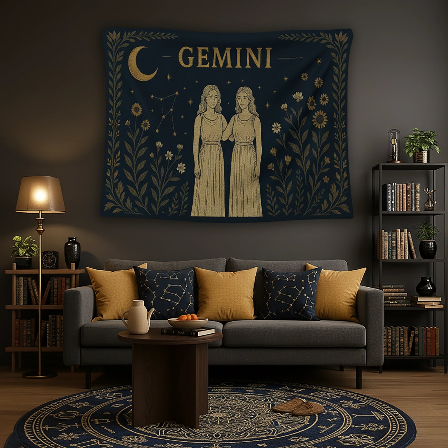 Lacivert zemin üzerinde iki kadın figürü, yıldızlar, takımyıldız çizimleri ve ay sembolüyle tasarlanan duvar örtüsü, Gemini burcu temasını vintage gravür stilinde yansıtır; astroloji, mistik ve bohem dekorasyon anlayışına uygun zarif ve sanatsal bir tekstil tasarımı sunar.