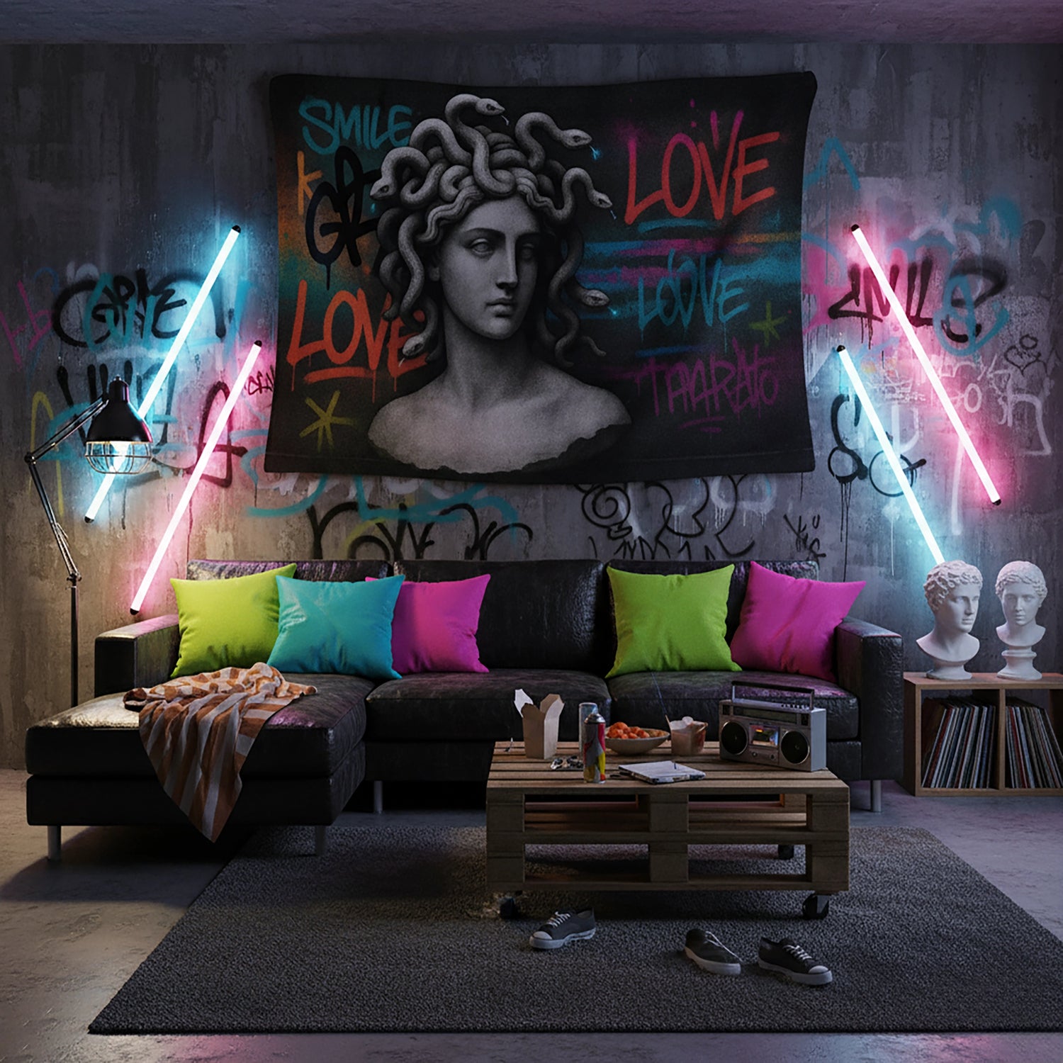 Koyu gri zemin üzerinde yılan saçlı Medusa kadın büstü ve etrafında renkli grafiti yazılarla tasarlanan duvar örtüsü, antik mitolojik figürü street art estetiğiyle birleştirir; sprey boya efektleri ve tipografik detaylarla modern ve dikkat çekici bir tekstil tasarımı sunar.