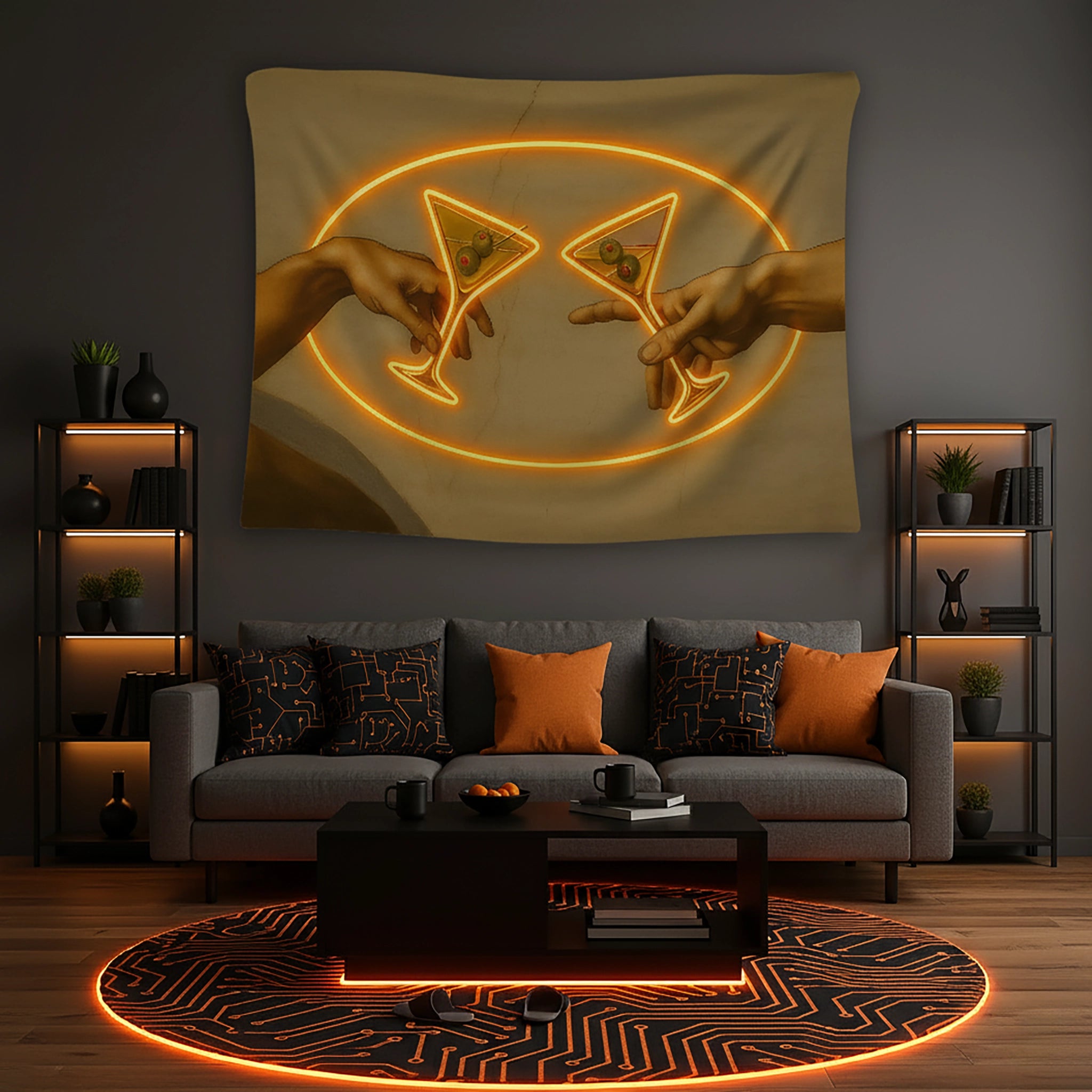 Neon ışık efektiyle vurgulanmış iki martini kadehinin tokalaşır gibi uzanan ellerle birleştiği modern sanat temalı dekoratif duvar örtüsü, sıcak sarı ve turuncu tonlarıyla bar, salon ve genç yaşam alanları için enerjik bir atmosfer oluşturur. Kokteyl ve gece hayatı konseptini sanatsal yorumla sunan bu yüksek çözünürlüklü baskı, pop art ve retro stil sevenler için çarpıcı bir odak noktasıdır, FabricUp koleksiyonuna ait özgün tasarımdır.