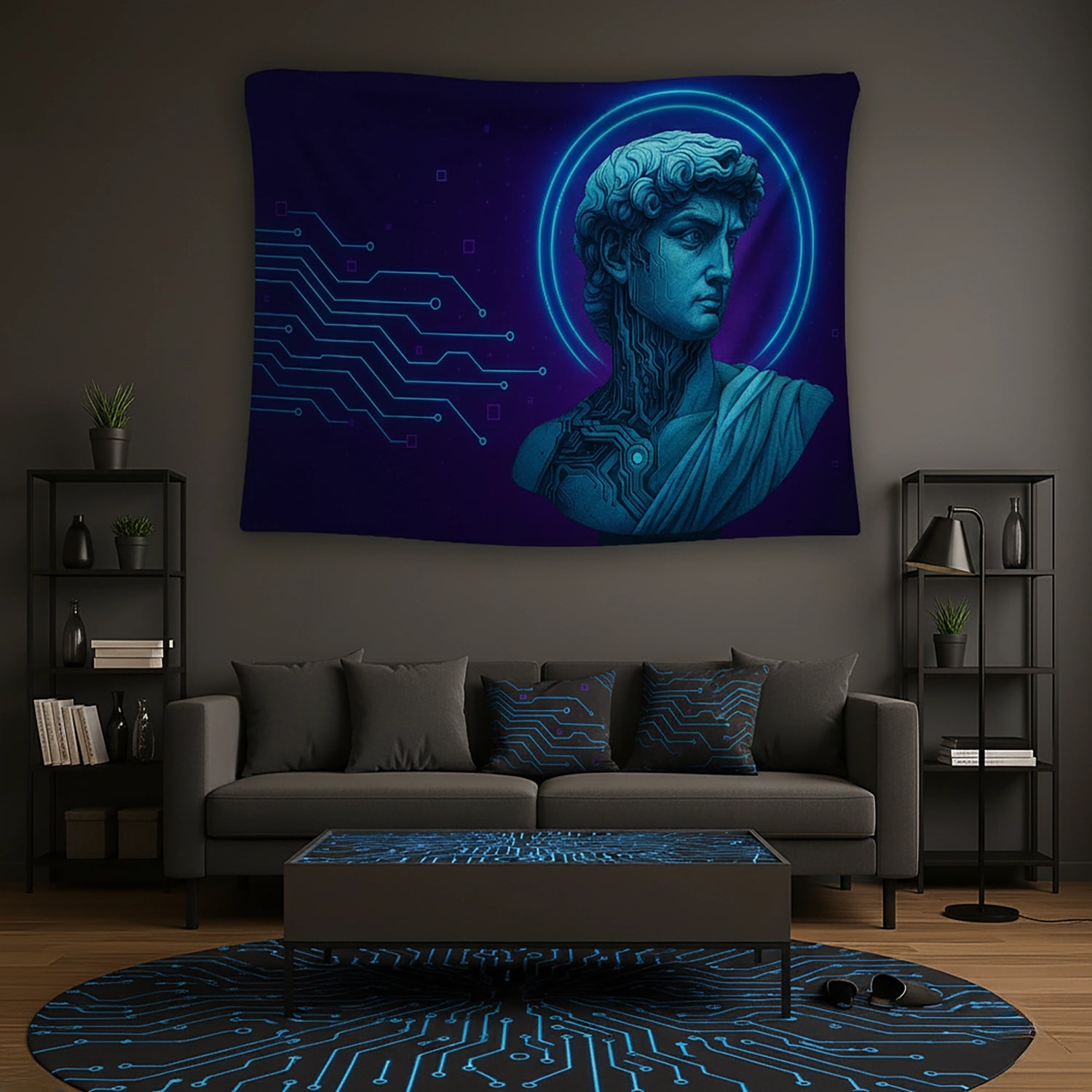 Mavi tonlarda klasik erkek büstü heykeli ve arka planda parlayan neon halka ile tasarlanan duvar örtüsü, boyun kısmındaki devre kartı desenleri ve dijital çizgilerle antik sanat ile teknolojik estetiği birleştirir; modern, futuristik ve sanatsal dekorasyonlar için dikkat çekici bir tekstil tasarımıdır.
