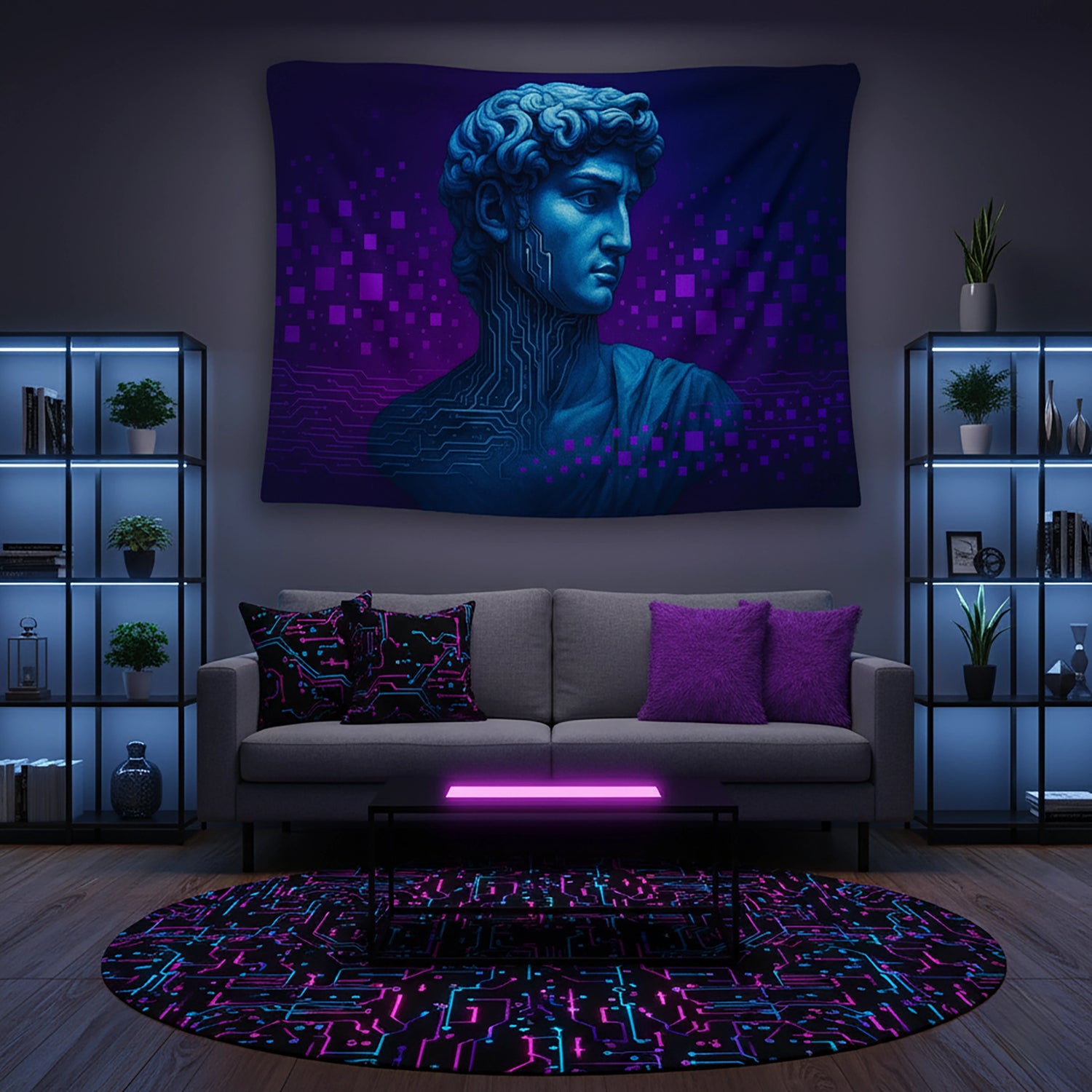 Mavi tonlarda klasik erkek büstü heykeli ve mor piksel efektli arka planla tasarlanan duvar örtüsü, boyun boyunca uzanan devre desenleriyle antik sanat ile dijital teknoloji estetiğini birleştirir; modern, futuristik ve sanatsal dekorasyonlar için dikkat çekici bir tekstil tasarımıdır.