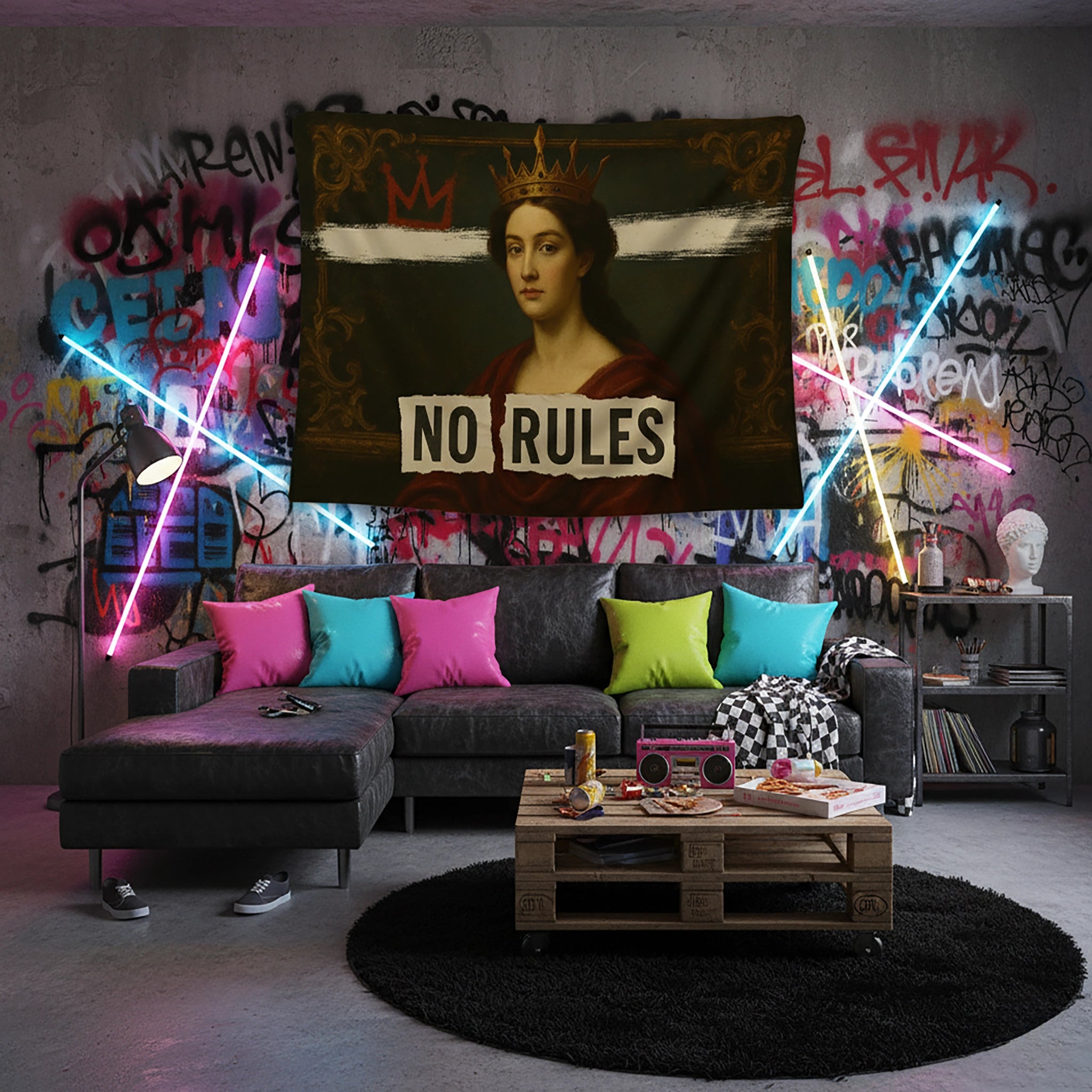 Koyu zemin üzerinde klasik kraliçe portresi, başındaki altın taç ve ön plandaki “No Rules” tipografisiyle tasarlanan duvar örtüsü, barok tablo estetiğini modern grafiti ve fırça darbesi efektleriyle birleştirerek sanatsal ve asi bir dekoratif tekstil tasarımı sunar.
