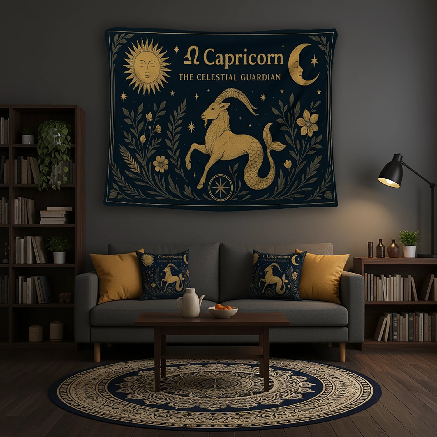 Lacivert zemin üzerinde altın tonlu deniz keçisi figürü, yıldızlar, güneş ve hilal ay sembolleriyle tasarlanan duvar örtüsü, Capricorn burcu temasını vintage gravür stilinde yansıtır; astroloji, mitolojik ve bohem dekorasyon anlayışına uygun zarif ve sanatsal bir tekstil tasarımı sunar.