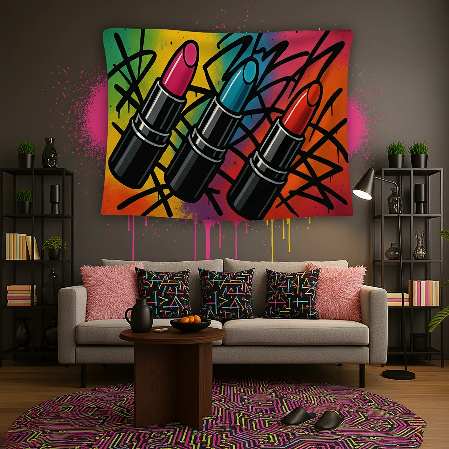 Canlı sarı, turuncu ve mavi tonlu grafiti arka plan üzerinde üç farklı renk ruj figürüyle tasarlanan duvar örtüsü, kalın siyah konturlar ve sprey boya efektleriyle pop art ve street art estetiğini yansıtan enerjik, modern ve dikkat çekici bir dekoratif tekstil tasarımı sunar.