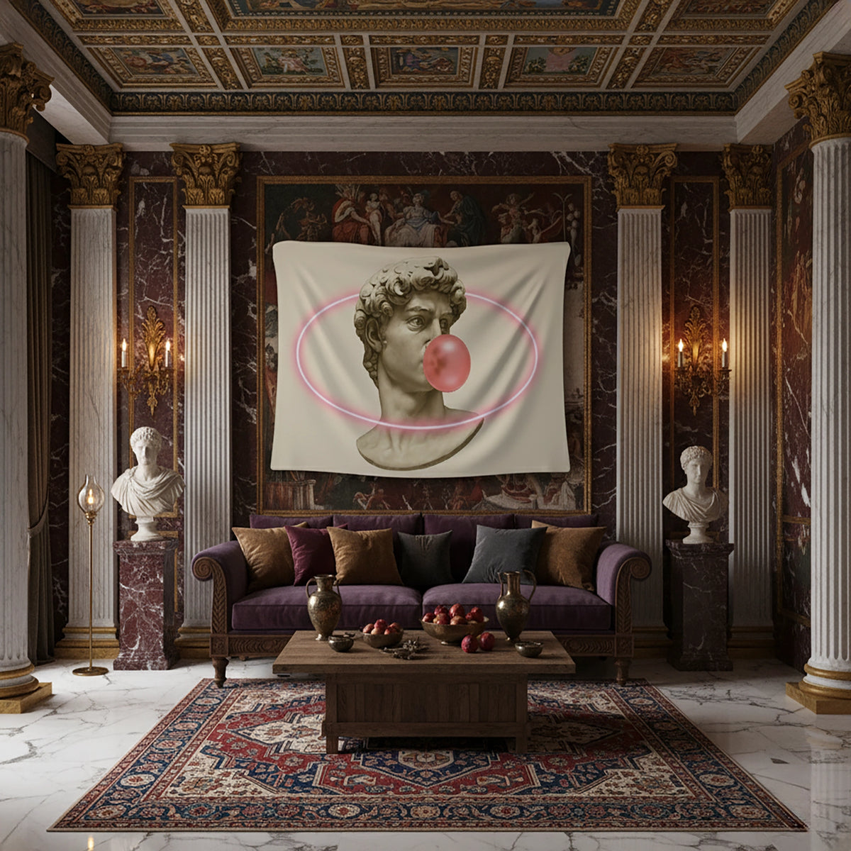 Krem tonlu zemin üzerinde klasik mermer erkek büstü ve ağız kısmında pembe sakız balonu detayıyla tasarlanan duvar örtüsü, antik heykel estetiğini modern pop art dokunuşuyla birleştirir; sade kompozisyonu ve mizahi havasıyla dikkat çeken dekoratif bir tekstil tasarımı sunar.
