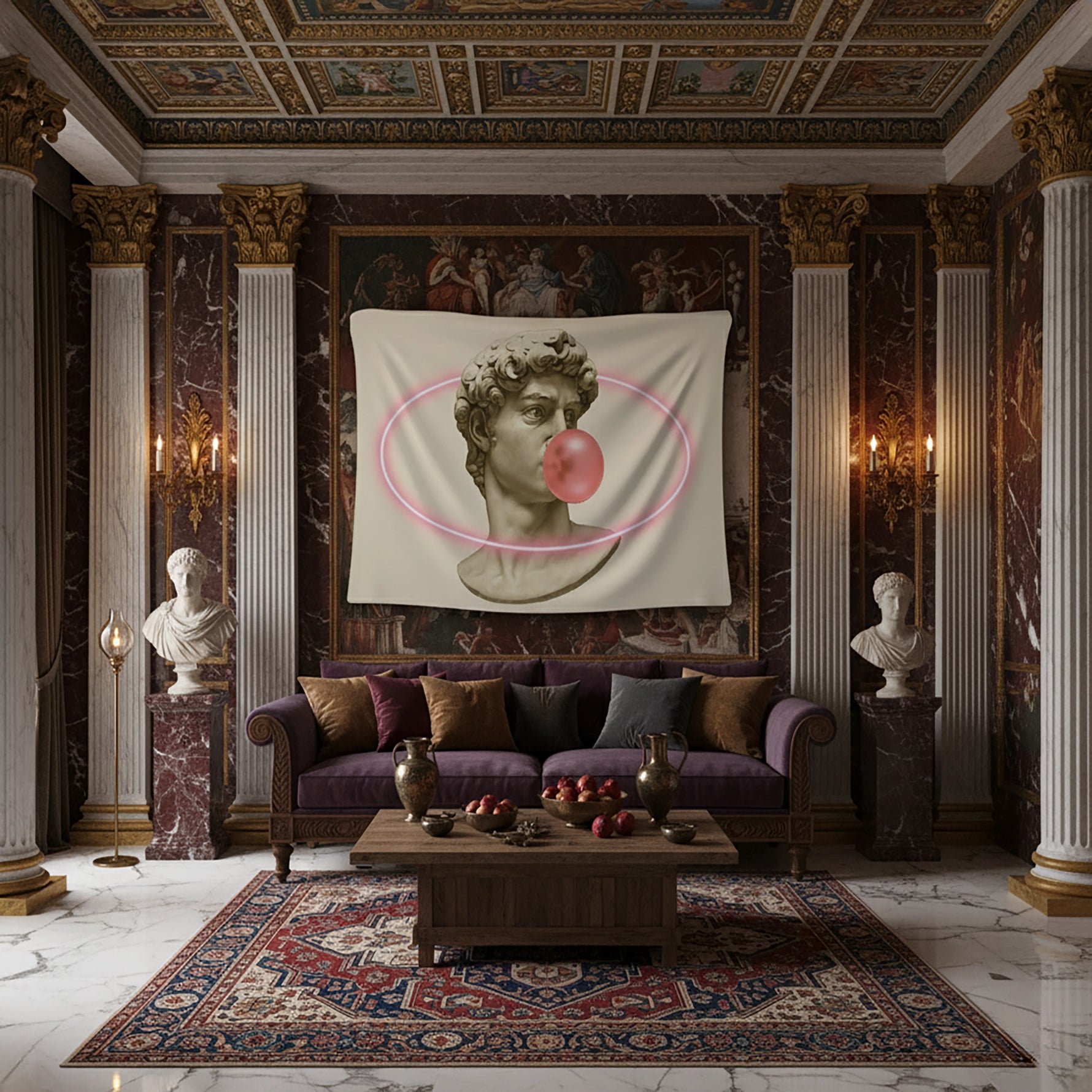 Krem tonlu zemin üzerinde klasik mermer erkek büstü ve ağız kısmında pembe sakız balonu detayıyla tasarlanan duvar örtüsü, antik heykel estetiğini modern pop art dokunuşuyla birleştirir; sade kompozisyonu ve mizahi havasıyla dikkat çeken dekoratif bir tekstil tasarımı sunar.