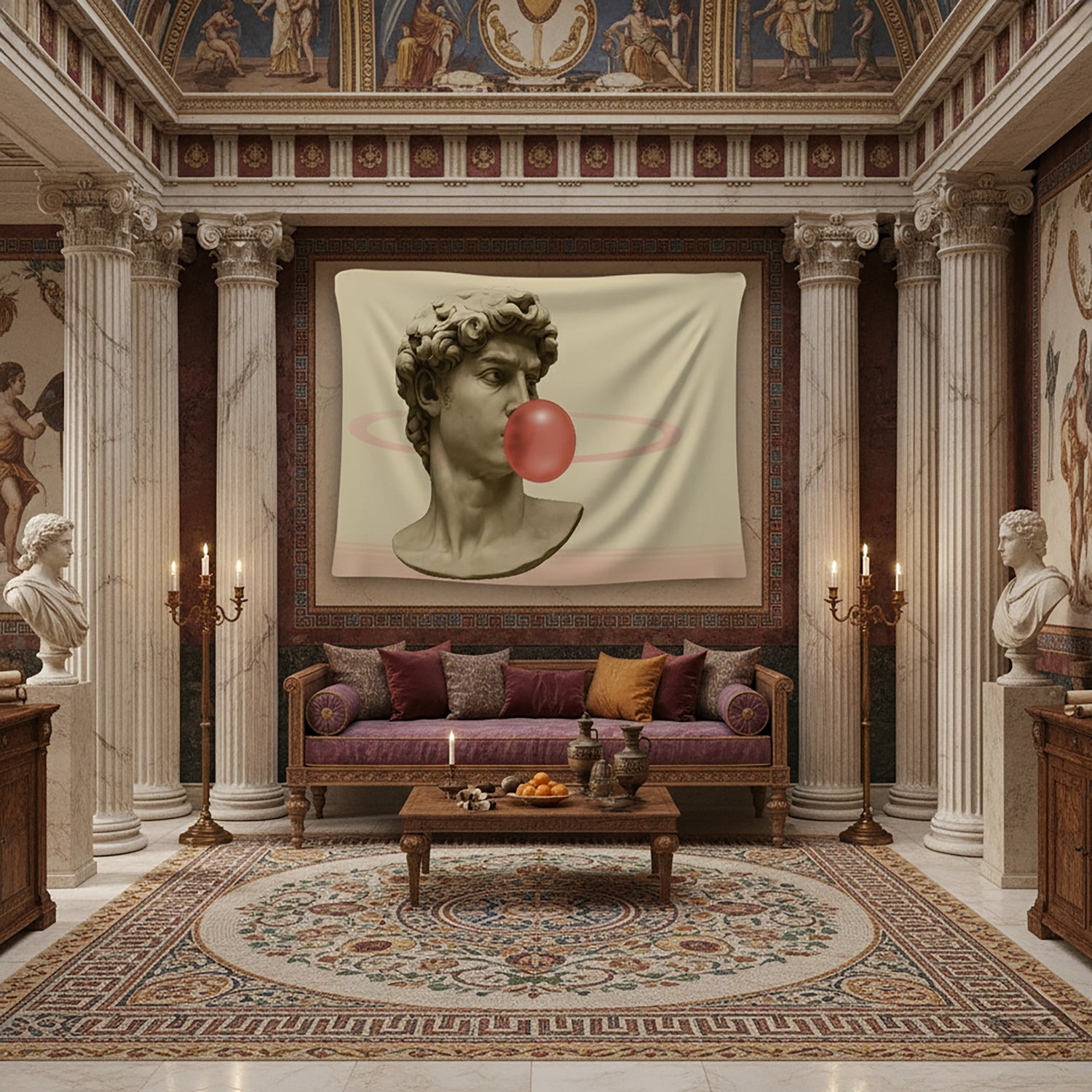 Krem tonlu zemin üzerinde klasik mermer erkek büstü ve ağız kısmında pembe sakız balonu detayıyla tasarlanan duvar örtüsü, antik heykel estetiğini pop art ve modern mizahi dokunuşla birleştirir; sanatsal ve alternatif dekorasyonlar için dikkat çekici bir tekstil tasarımı sunar.