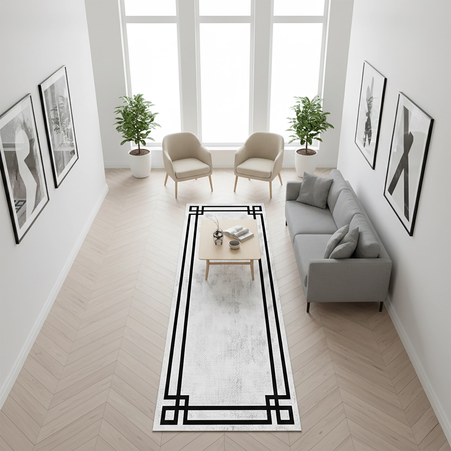 Minimal ve modern dekoratif yolluk halı tasarımı, açık renkli zemin üzerinde keskin siyah geometrik hatlar ile öne çıkar. Sade yapısı ve temiz çizgileri ile şık ve zamansız bir görünüm oluşturur.