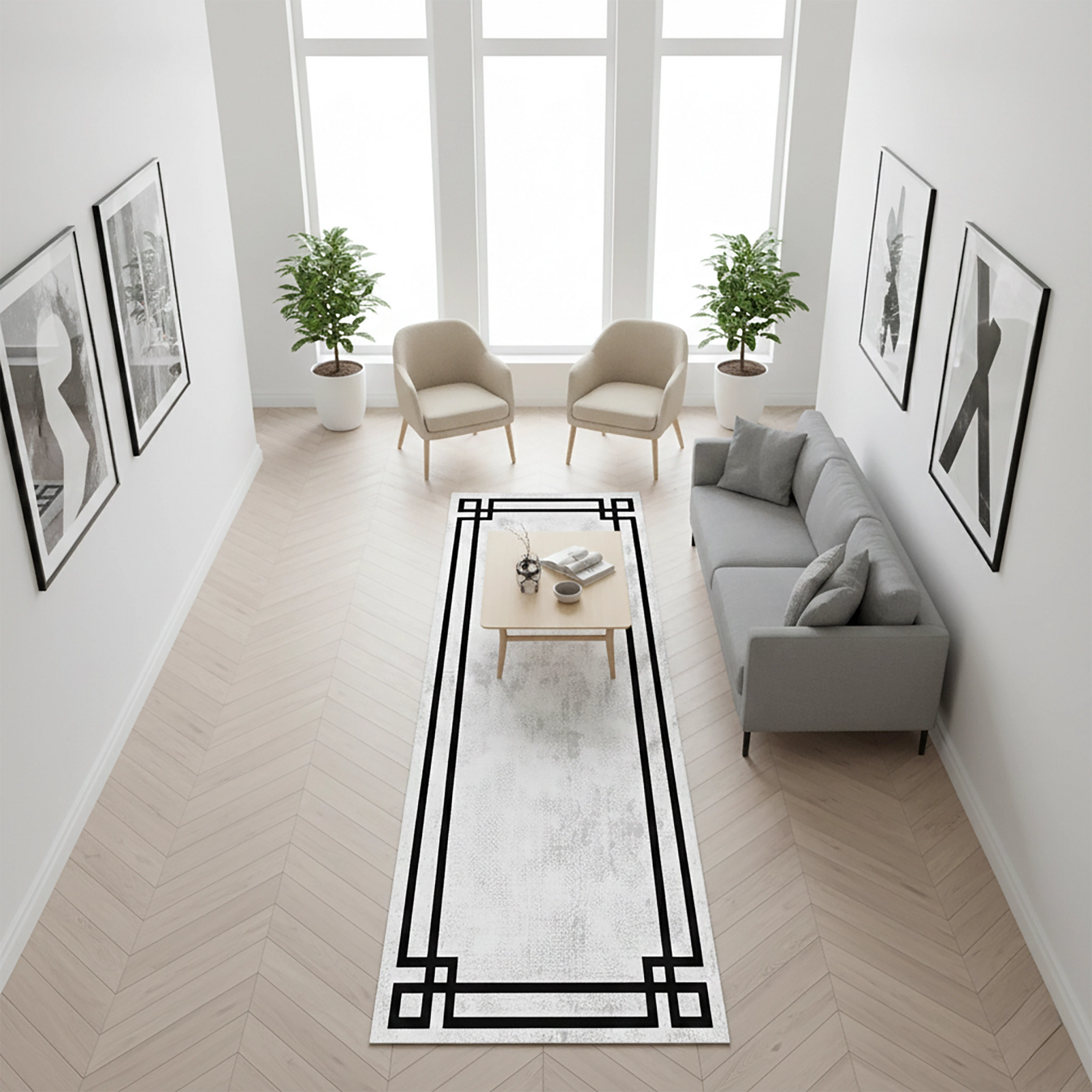 Minimal ve modern dekoratif yolluk halı tasarımı, açık renkli zemin üzerinde keskin siyah geometrik hatlar ile öne çıkar. Sade yapısı ve temiz çizgileri ile şık ve zamansız bir görünüm oluşturur.