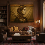 Sepya tonlarda tasarlanmış kadın portresi ve baş kısmında dişliler, mekanik parçalar ve metal detaylarla oluşturulan steampunk kompozisyonlu duvar örtüsü, klasik gravür estetiğini endüstriyel ve retro teknoloji temasıyla birleştirerek sanatsal ve özgün bir tekstil tasarımı sunar.