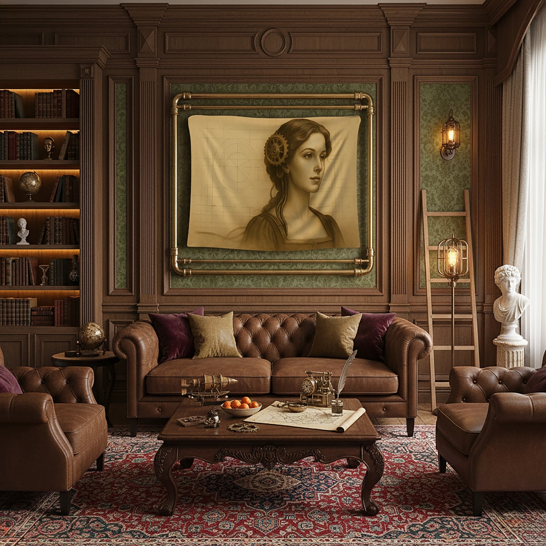Sepya tonlarda tasarlanmış profil kadın portresi ve saç yanında yer alan dişli çark mekanizması detayıyla hazırlanan duvar örtüsü, klasik gravür estetiğini steampunk ve retro mühendislik temasıyla birleştirerek sanatsal, vintage ve karakterli bir tekstil tasarımı sunar.