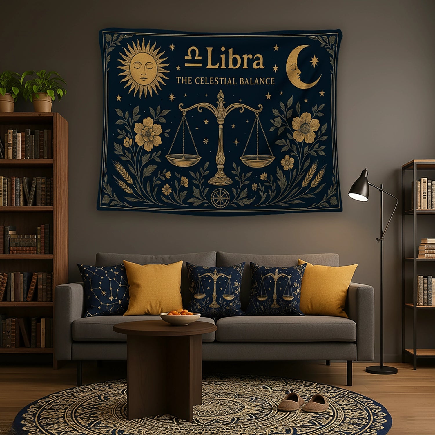 Lacivert zemin üzerinde altın tonlu terazi figürü, yıldızlar, güneş ve hilal ay sembolleriyle tasarlanan duvar örtüsü, Libra burcu temasını vintage gravür stilinde yansıtır; astroloji, denge ve bohem dekorasyon anlayışına uygun zarif ve sanatsal bir tekstil tasarımı sunar.