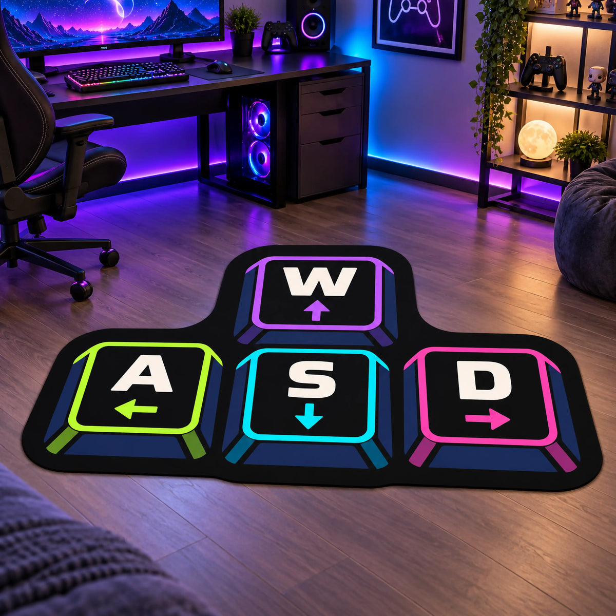 WASD Klavye Tuşu Formunda Gamer Halısı | Renkli Oyuncu Odası ve Genç Odası Halısı