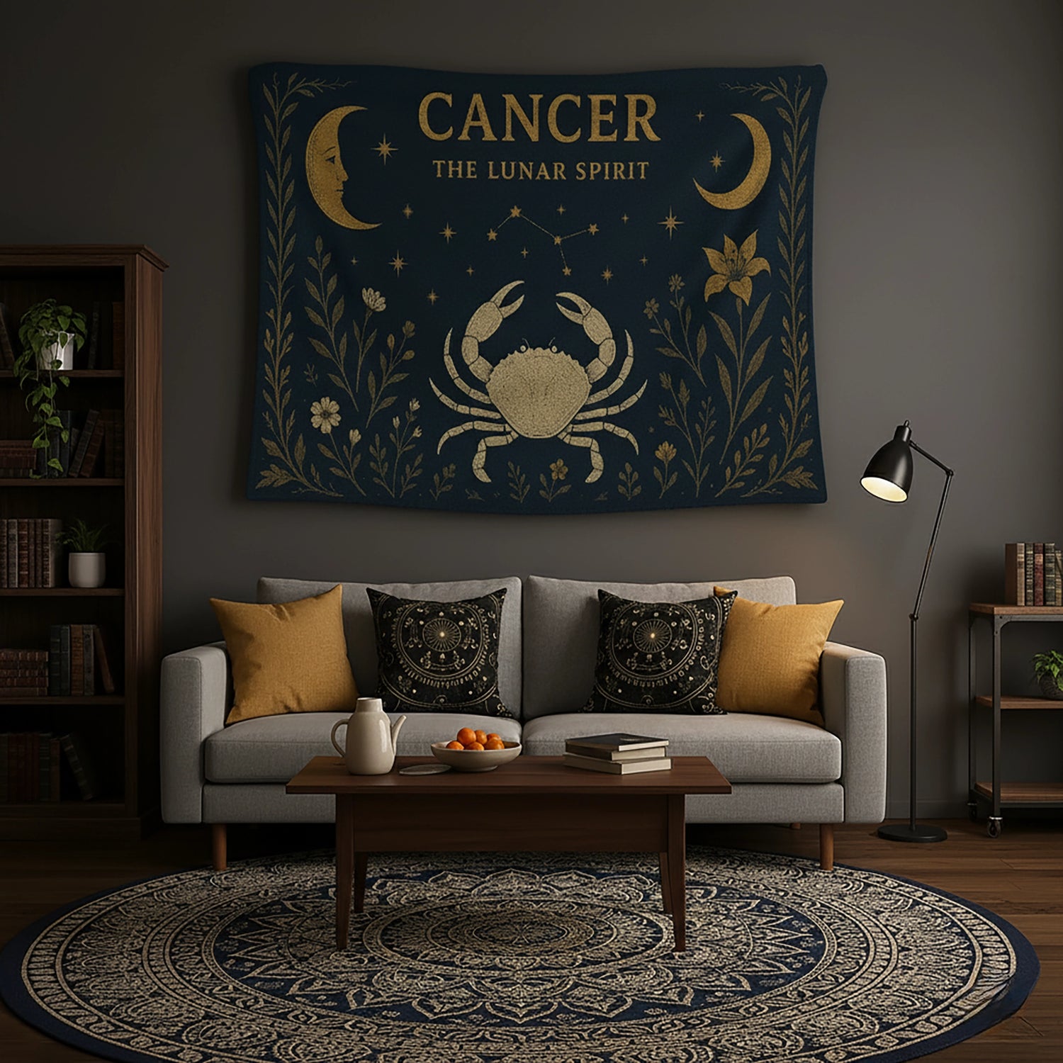 Lacivert zemin üzerinde altın tonlu yengeç figürü, yıldızlar, hilal ay sembolleri ve bitkisel çerçeve detaylarıyla tasarlanan duvar örtüsü, Cancer burcu temasını vintage gravür stilinde yansıtır; astroloji, mistik ve bohem dekorasyon anlayışına uygun zarif bir tekstil tasarımı sunar.