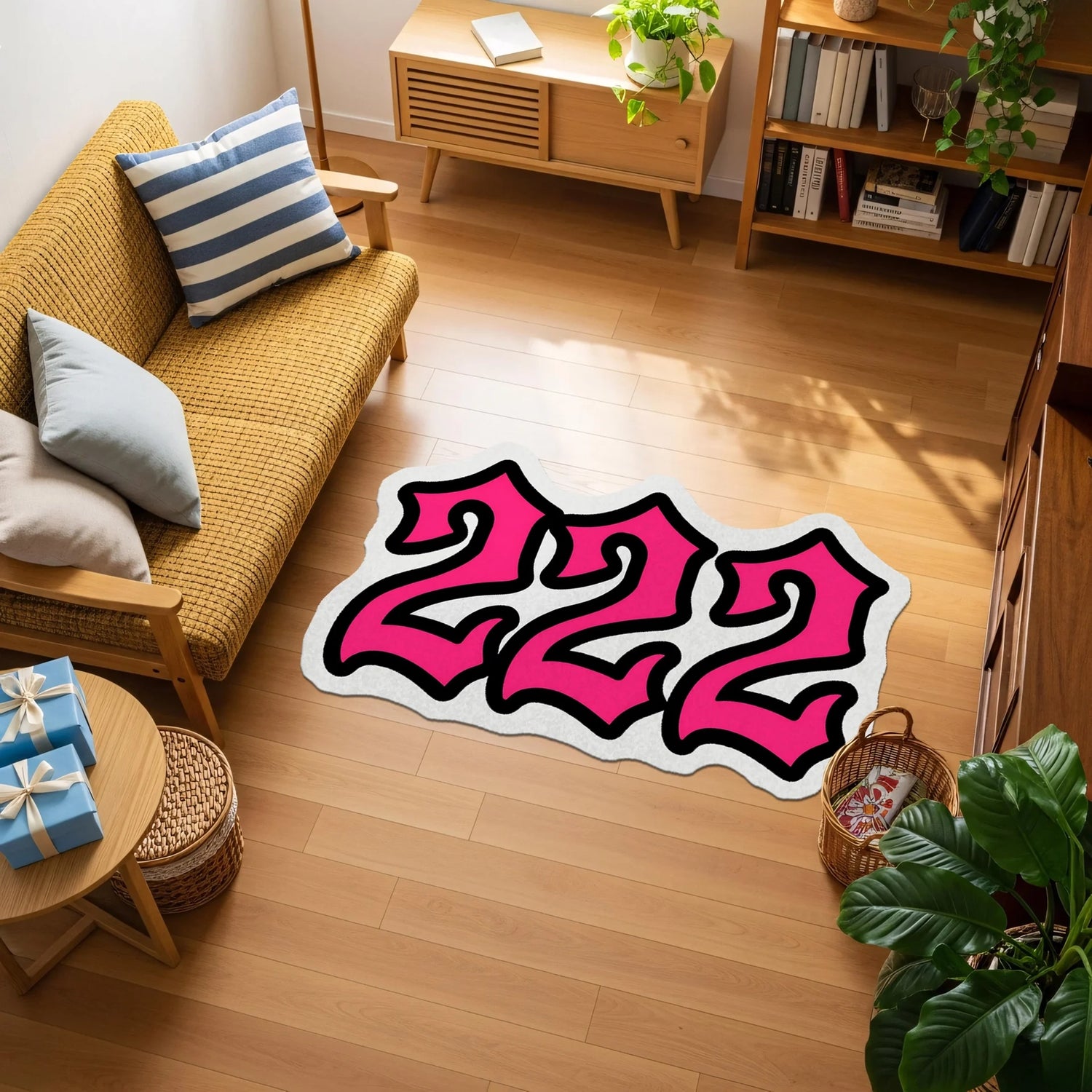 Yan yana yerleştirilmiş üç adet “2” rakamı formunda, canlı pembe dolgu rengi, güçlü siyah çerçeve ve beyaz kontur detaylarıyla vurgulanan, sokak sanatı estetiğinde, modern tipografi temalı özel kesim dekoratif halı tasarımı.
