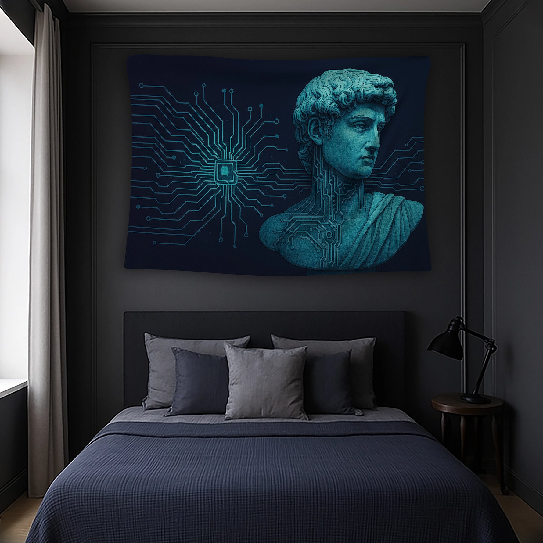 Antik mermer heykeli andıran portre figürü ile merkezden dağılan elektronik devre çizgileri içeren duvar örtüsü, koyu lacivert fon ve neon mavi detaylarıyla cyberpunk, teknolojik ve çağdaş grafik estetik sunan özgün bir dekoratif üründür.