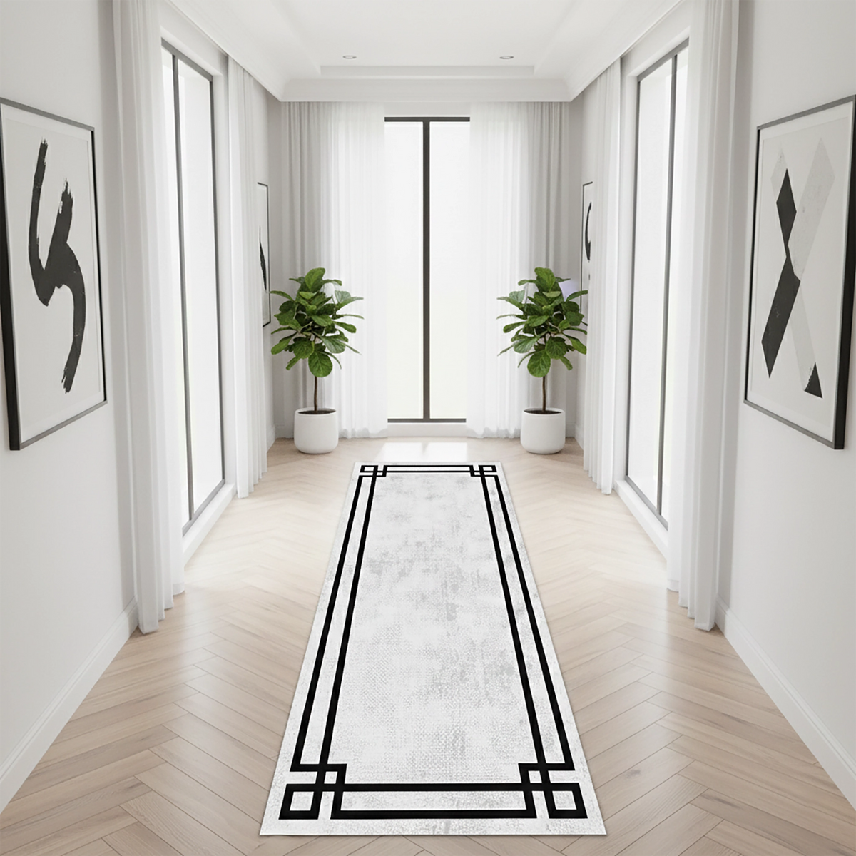 Geometrik ve modern dekoratif yolluk halı tasarımı, açık zemin üzerinde belirgin siyah çizgiler ile sade ve şık bir stil sunar. Minimal desen yapısı ile dengeli ve estetik bir kompozisyon oluşturur.