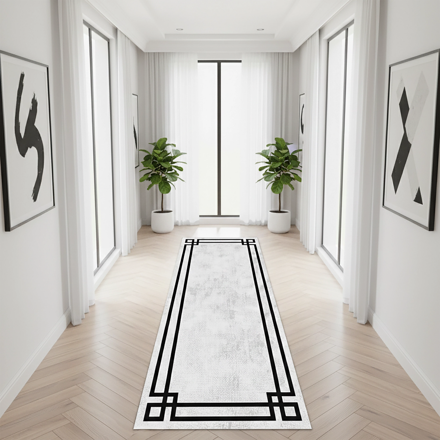 Geometrik ve modern dekoratif yolluk halı tasarımı, açık zemin üzerinde belirgin siyah çizgiler ile sade ve şık bir stil sunar. Minimal desen yapısı ile dengeli ve estetik bir kompozisyon oluşturur.