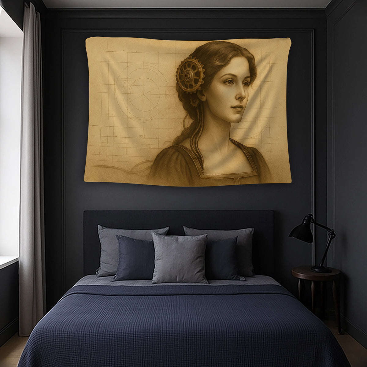 Teknik çizim dokulu arka plan ve baş kısmında metal dişli aksesuar bulunan kadın figürüyle tasarlanan duvar örtüsü, endüstriyel ve mekanik detayları klasik portre stiliyle harmanlayan steampunk temalı dekoratif ve özgün bir tekstil ürünüdür.