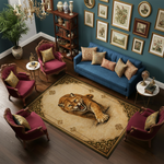 Klasik ve sanatsal stilde tasarlanmış dekoratif halı, merkezde detaylı ve güçlü kaplan figürü içerir. Açık bej zemin üzerinde zarif köşe motifleri ve sade desenler ile dengeli ve estetik bir kompozisyon sunar.