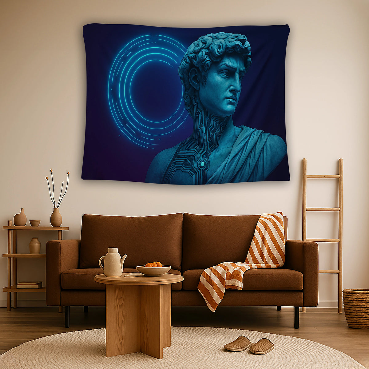 Klasik büst heykel silüeti, parlak mavi renk paleti ve elektronik devre motifleriyle tasarlanan duvar örtüsü, geçmiş ile geleceği buluşturan dijital sanat estetiği sunar; minimal, teknolojik ve çağdaş yaşam alanları için şık bir tekstil tasarımıdır.
