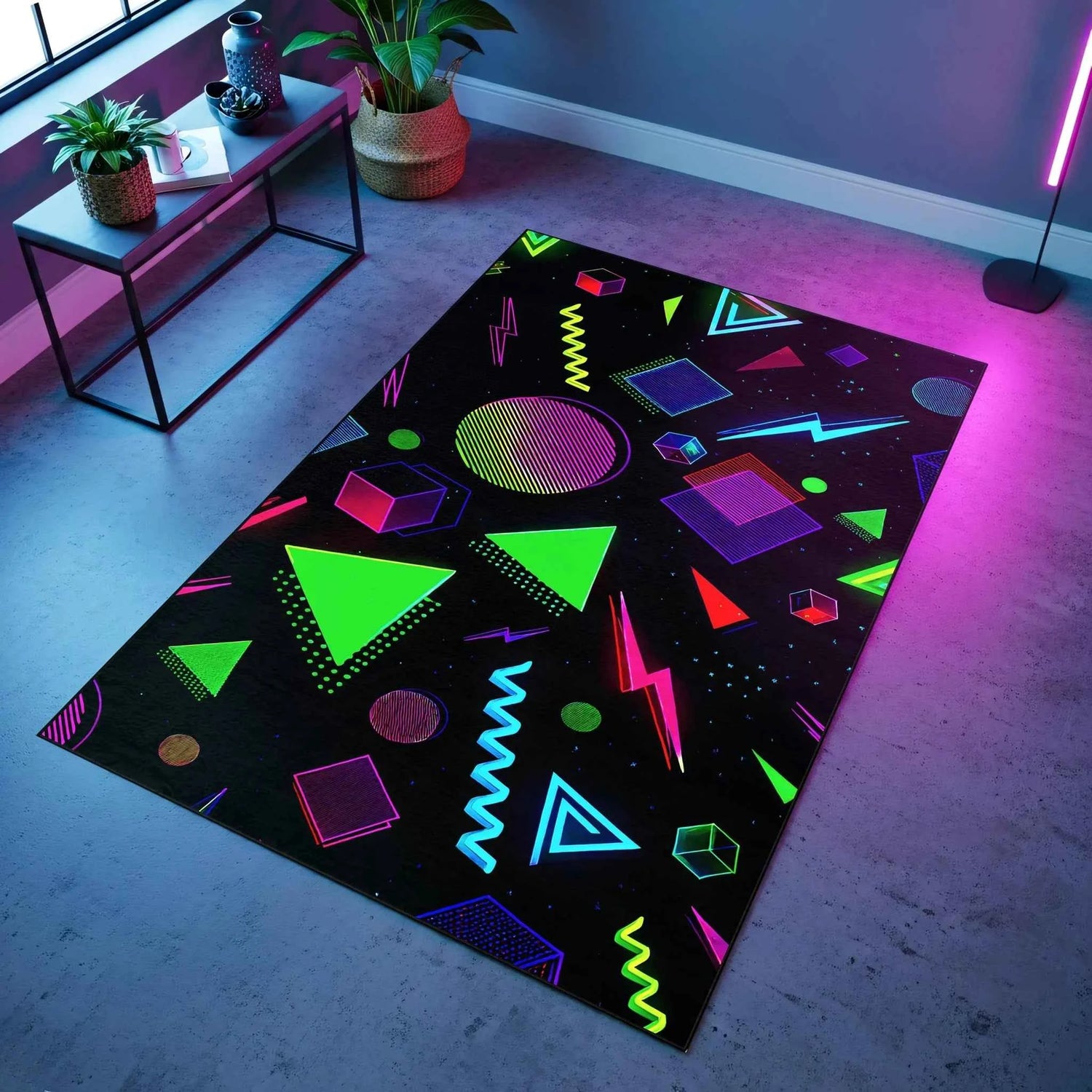 Neon Geometrik Figürlü Siyah Gamer Halısı