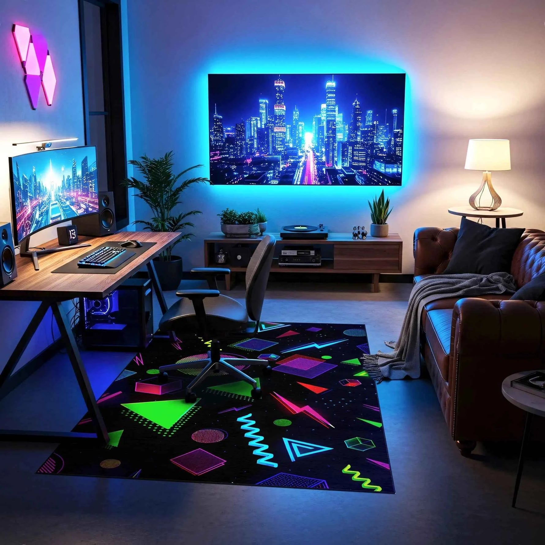 Neon Geometrik Figürlü Siyah Gamer Halısı