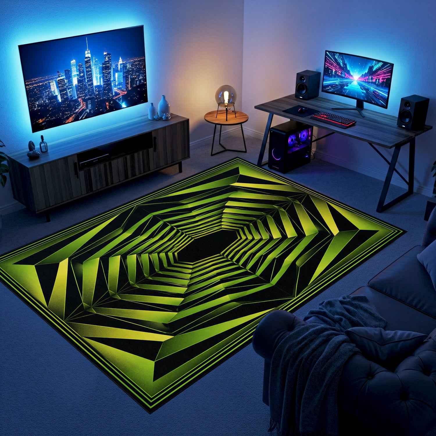 3D Tünel Optik İllüzyon Gaming Halısı | Neon Yeşil Geometrik Siyah