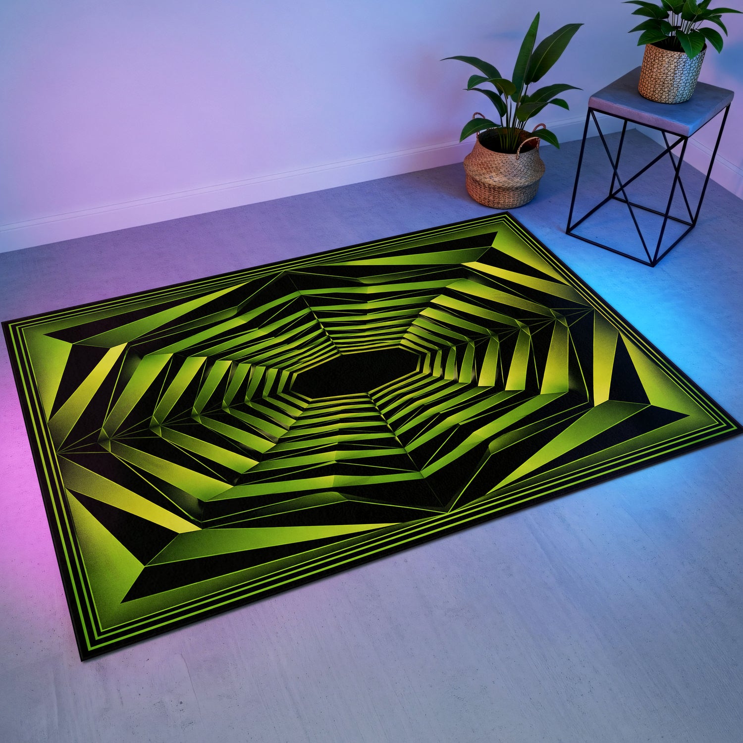 3D Tünel Optik İllüzyon Gaming Halısı | Neon Yeşil Geometrik Siyah