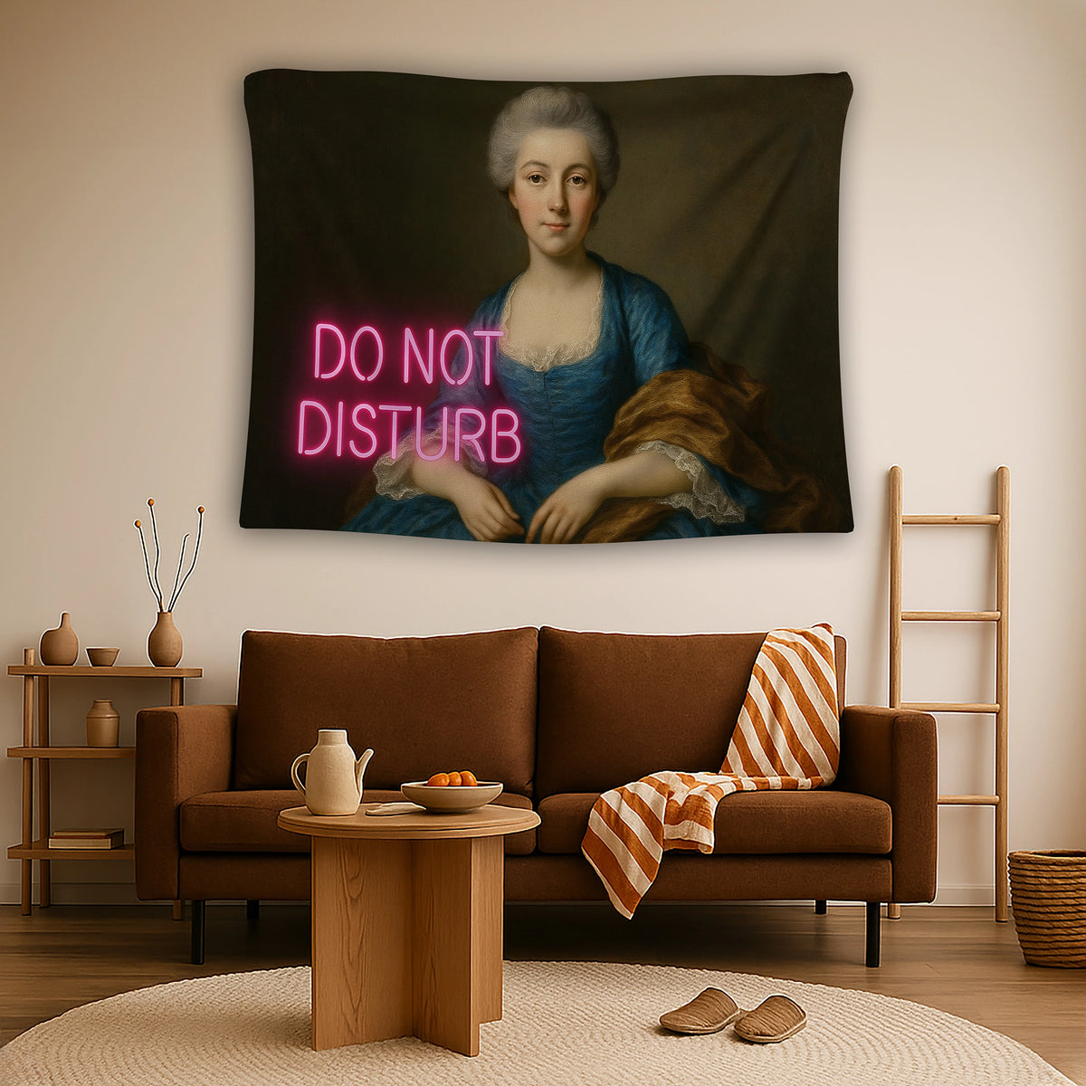 Vintage klasik portre illüstrasyonu üzerine yerleştirilmiş pembe neon “Do Not Disturb” yazı efektiyle tasarlanan duvar örtüsü, retro sanat ve çağdaş grafik tarzı harmanlayan özgün görünümüyle genç odası, stüdyo veya ofis alanlarında sanatsal atmosfer oluşturan dekoratif ürün.