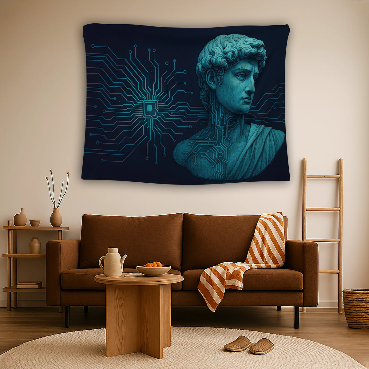 Klasik büst silüeti ve boyun boyunca ilerleyen devre kartı desenleriyle hazırlanan duvar örtüsü, mikroçip merkezli bağlantı şeması ve dijital hatlarla geçmiş ve geleceği buluşturan minimal, yenilikçi ve sanatsal bir kompozisyon sunar.